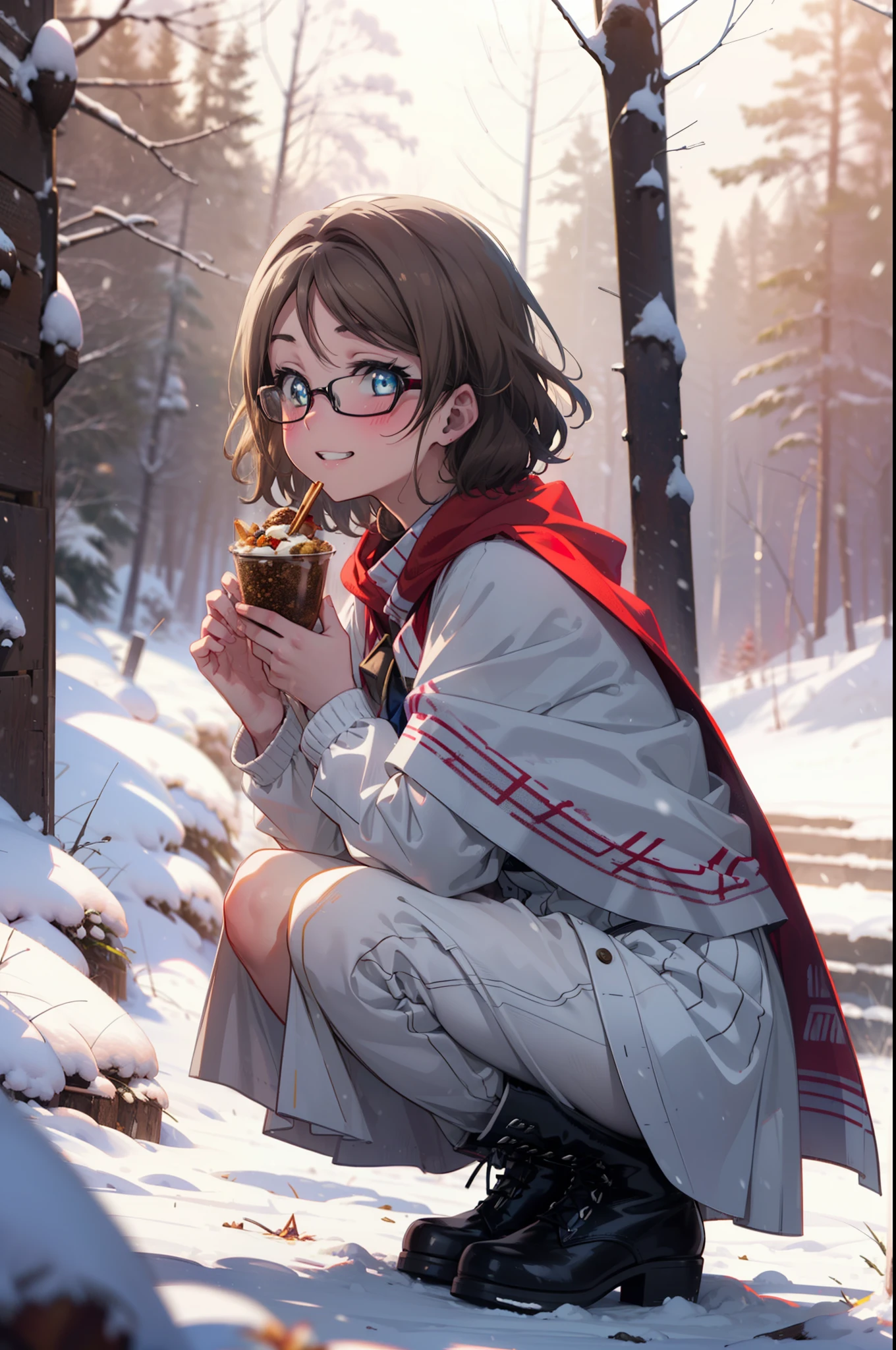 Yo Watanabe, Yu Watanabe, short hair, blue eyes, Brown Hair, smile, Grin,Medium Breast,Black-rimmed glasses,
Open your mouth,snow,Ground bonfire, Outdoor, boots, snowing, From the side, wood, suitcase, Cape, Blurred, having meal, forest, White handbag, nature,  Squat, Mouth closed, Cape, winter, Written boundary depth, Black shoes, red Cape break looking at viewer, Upper Body, whole body, break Outdoor, forest, nature, break (masterpiece:1.2), highest quality, High resolution, unity 8k wallpaper, (shape:0.8), (Beautiful and beautiful eyes:1.6), Highly detailed face, Perfect lighting, Extremely detailed CG, (Perfect hands, Perfect Anatomy),