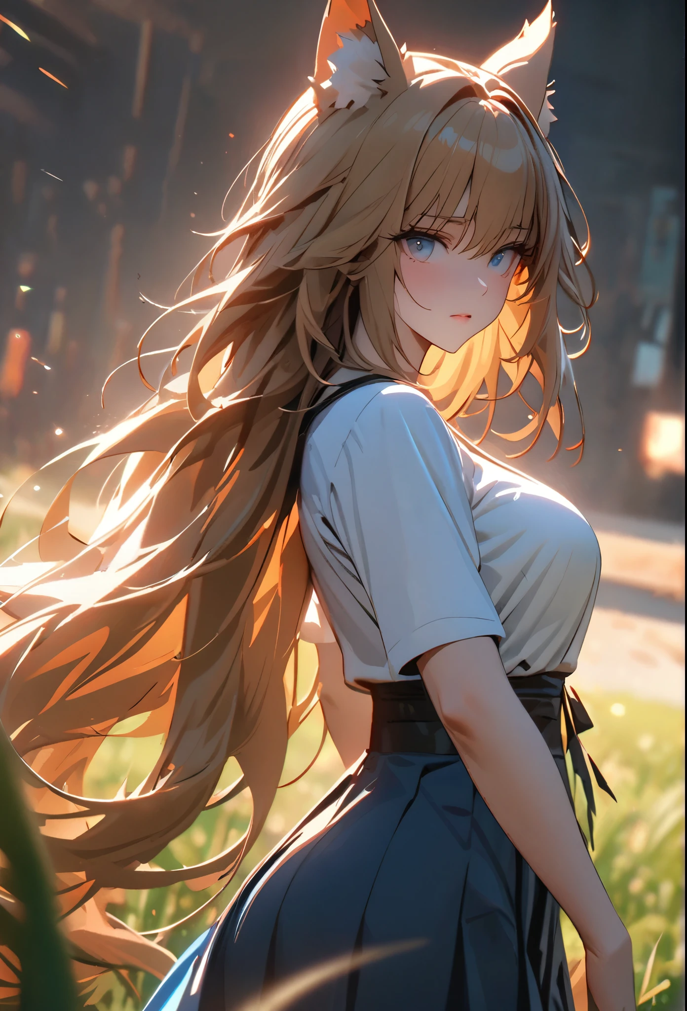 (solo), older looking woman, golden hair, messy hair, mane hair, long hair, dense hair, wild hair, expressive hair, mature,(25 year old), pale skin, blue eyes, ((woman)), beautiful girl, Fox ears, wearing a white shirt, light blue kimono, large breast, medium ass, Blue skirt, Katana, beautiful, attractive, eye reflection, depth of field, thunder aura,cinematic lighting, ray tracing, depth of field, cinematic lighting, ray tracing, UHD, high details, best quality, highres, high quality, award winning, super detail, masterpiece, 8k, UHD, high details, best quality, highres, high quality, award winning, super detail, masterpiece, 8k, digital art, anime coloring, body shot, good face, perfect face, detailed face, good eyes. in a grass field