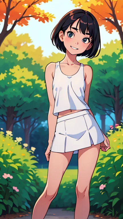 best quality,masterpiece,1girl,solo,(((9years old))),japanese girl,an extremely cute and beautiful girl,highly detailed beautiful face and eyes,petit,cute face,lovely face,baby face,shy smile,show teeth,black hair,medium short hair,flat chest,Hairless vagina,nipples sticking out on clothes,no bra,no panties,skinny,slender,(((wearing a very short skin-tight white tank top and a very short white mini skirt)),(((standing in a park))),she is looking at the viewer,legs spreading wide open