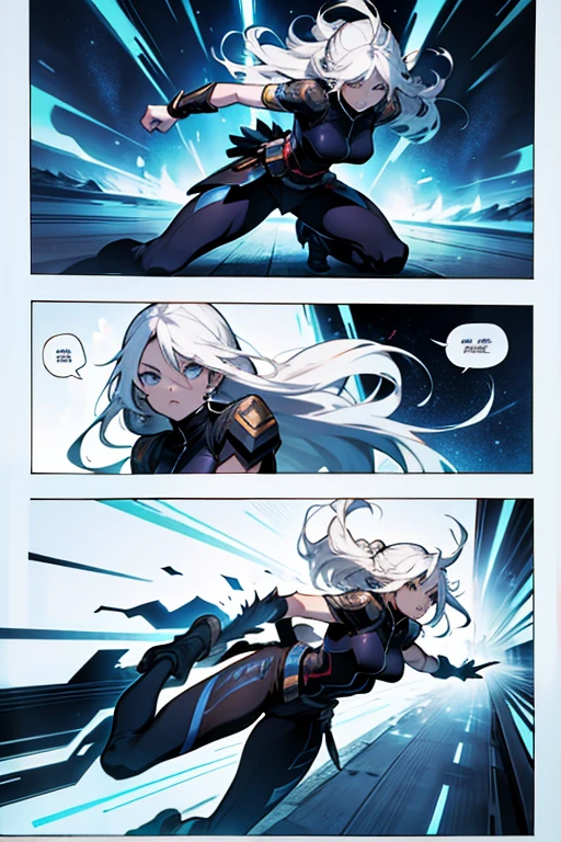 Girl with long white hair fighting, full body shots, manga page with panels and dialogue 