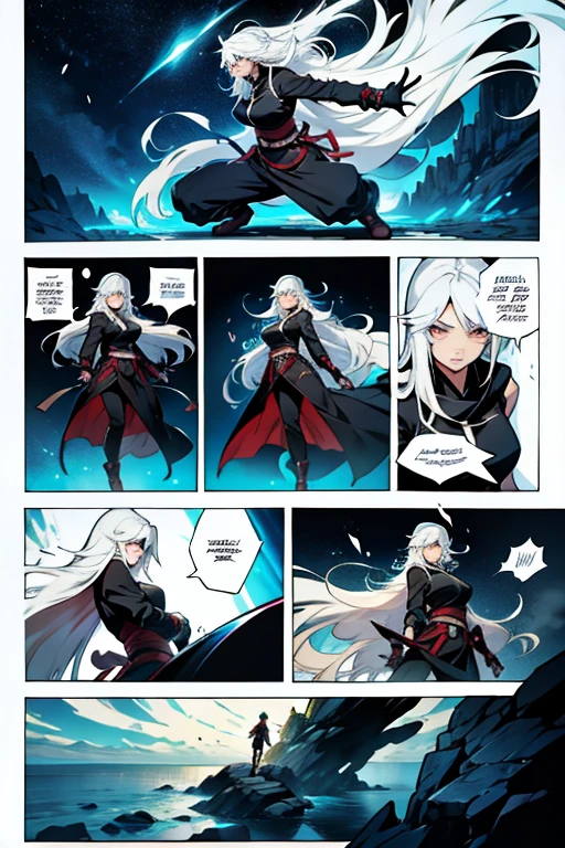 Girl with long white hair fighting, full body shots, manga page with panels and dialogue 