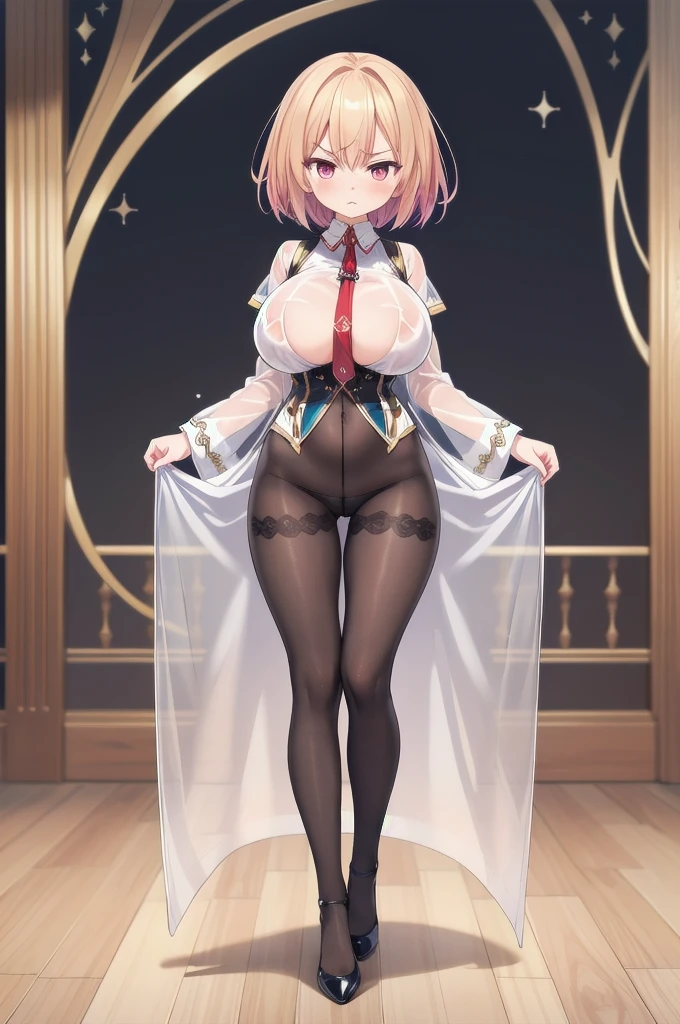 Masterpiece, best quality, official art, 8k wallpaper, very detailed, illustration, 1girl, annoyed, see-through shirt, pantyhose, presenting breasts, huge breasts, large breasts, huge firm breasts, thigh-gap, slim waist, full body, back to viewer, striking long tunic with decorations