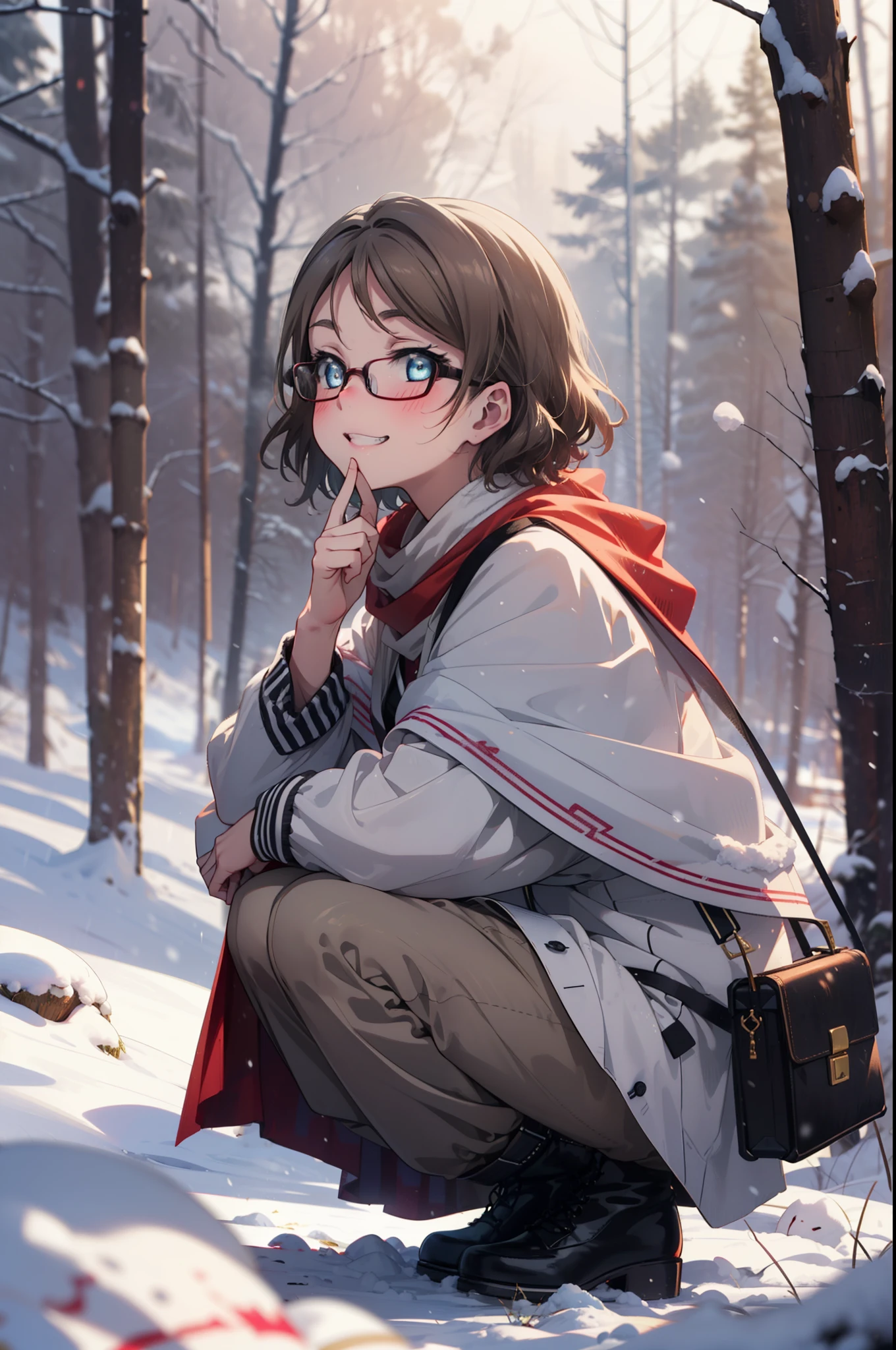 Yo Watanabe, Yu Watanabe, short hair, blue eyes, Brown Hair, smile, Grin,Medium Breast,Black-rimmed glasses,
Open your mouth,snow,Ground bonfire, Outdoor, boots, snowing, From the side, wood, suitcase, Cape, Blurred, having meal, forest, White handbag, nature,  Squat, Mouth closed, Cape, winter, Written boundary depth, Black shoes, red Cape break looking at viewer, Upper Body, whole body, break Outdoor, forest, nature, break (masterpiece:1.2), highest quality, High resolution, unity 8k wallpaper, (shape:0.8), (Beautiful and beautiful eyes:1.6), Highly detailed face, Perfect lighting, Extremely detailed CG, (Perfect hands, Perfect Anatomy),