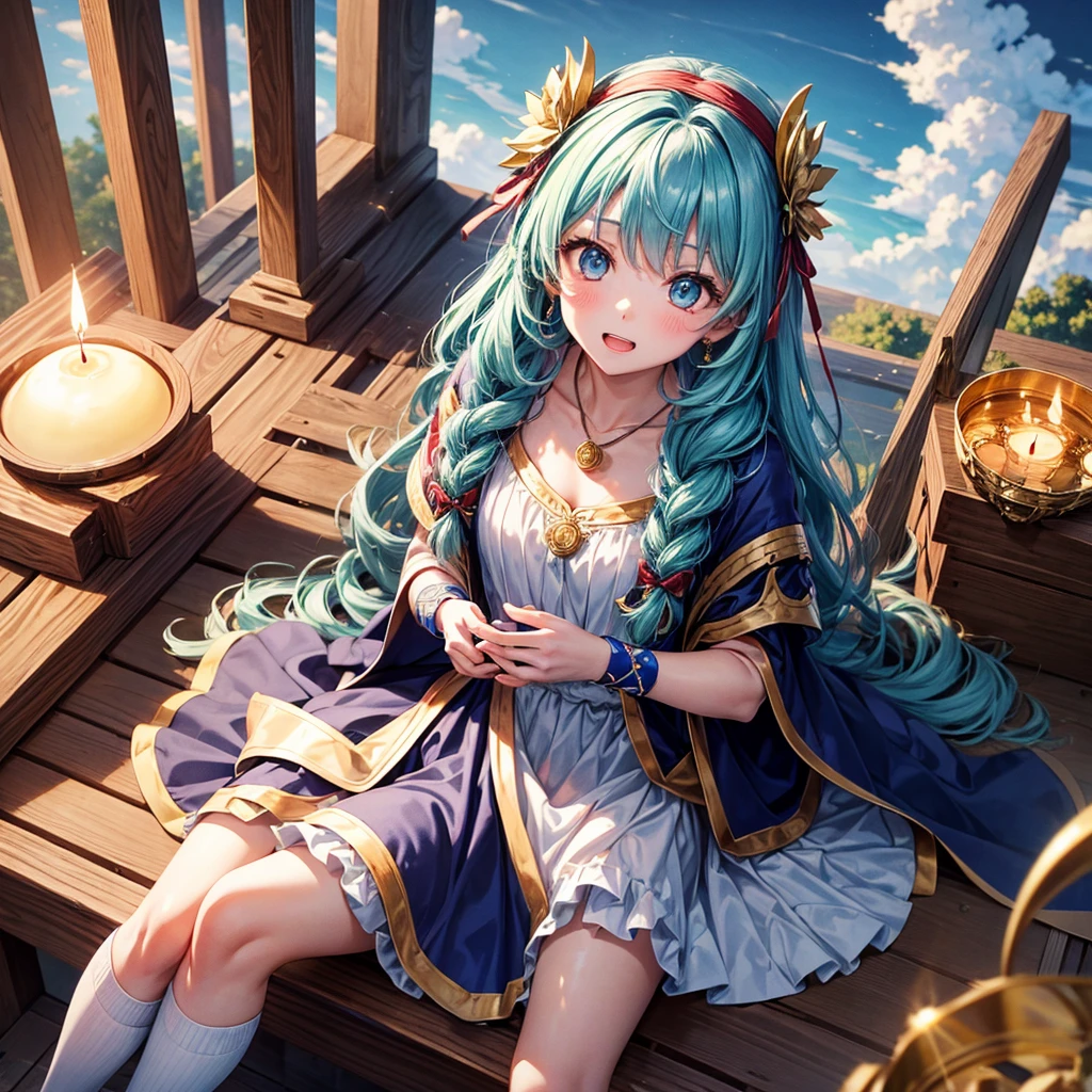 Aqua blue hair、Golden Eyes、Braid、One good looking girl、solo、anime、Checkered mini skirt、Ruffles on the skirt、Red T-shirt、Cape、Gothic、Black knee-high socks、bandana、Fluffy clothes、Wearing a ribbon、Ribbon on waist、Tilting face、Teeth are visible、Sunset sky、Piercing the clouds、Contrail、lotus leaves、Cumulonimbus、Pillar of Light、Sitting on a golden treasure chest、candle fire、Silver coin necklace、A world of light、sitting on the fence、Hands together、From above