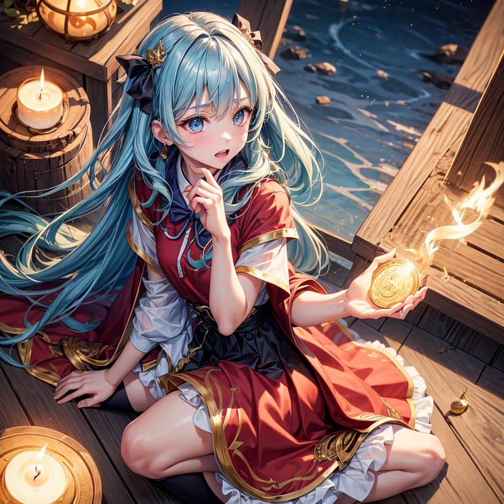 Aqua blue hair、Golden Eyes、Braid、One good looking girl、solo、anime、Checkered mini skirt、Ruffles on the skirt、Red T-shirt、Cape、Gothic、Black knee-high socks、bandana、Fluffy clothes、Wearing a ribbon、Ribbon on waist、Tilting face、Teeth are visible、Sunset sky、Piercing the clouds、Contrail、lotus leaves、Cumulonimbus、Pillar of Light、Sitting on a golden treasure chest、candle fire、Silver coin necklace、A world of light、sitting on the fence、Hands together、From above