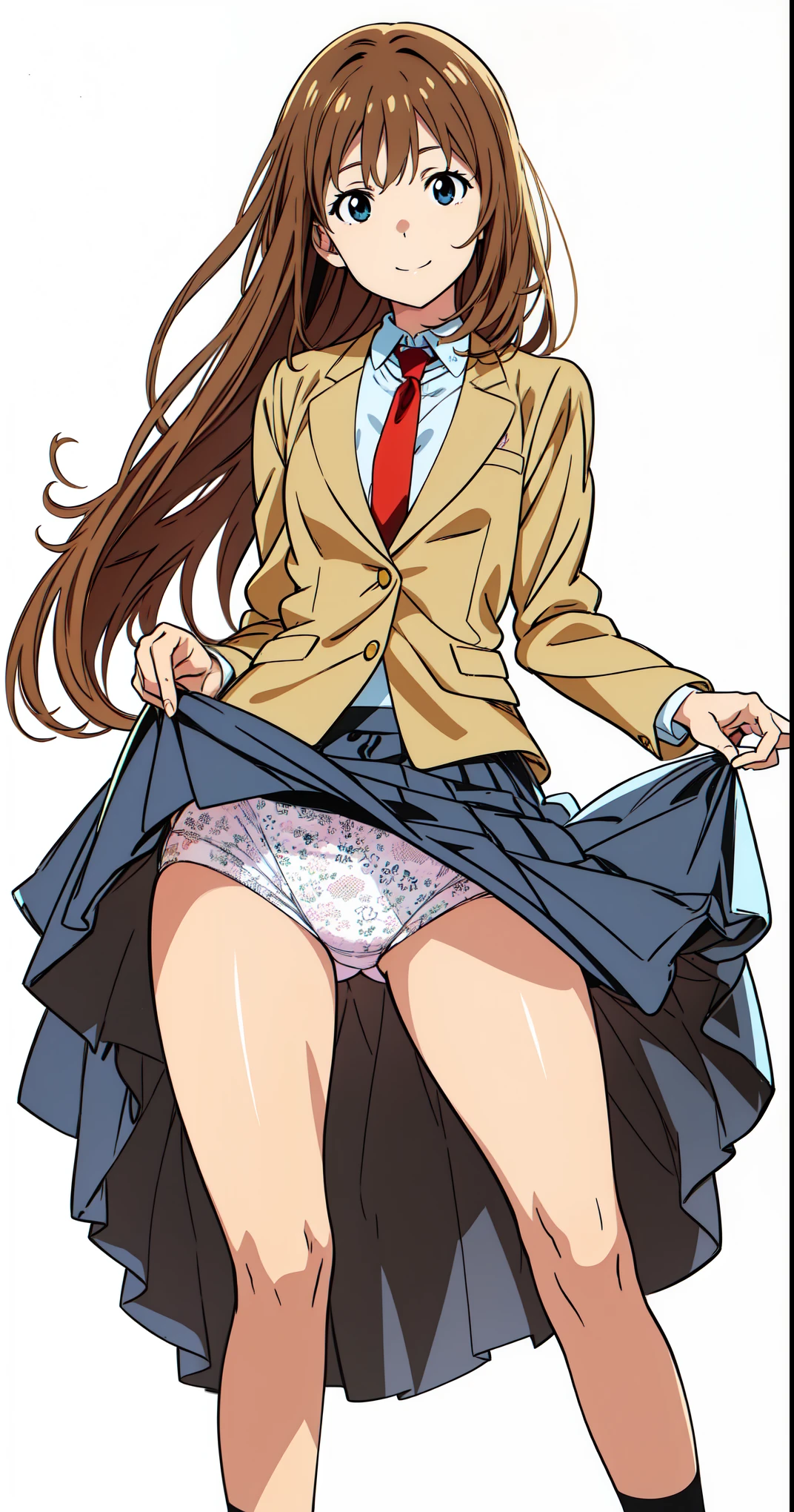 (detailed cotton panties:1.25), (smile:1.0), (white background:1.0), (best quality:1.0), (masterpiece:1.0), (super fine illustration:1.0), (beautiful artwork:1.0), (anime screencap:1.0), (official art:1.0), (full body:1.0), (solo:1.0), (HSGα:1.0), (a cute girl:1.5), (long skirt:1.2), (dark blue skirt:1.0), (pleated skirt:1.0), (school uniform beige blazer:1.0), (red necktie:1.0), (loafers:1.0), (black socks:1.0), (ideal ratio body proportions:1.2), (lanky:1.2), (tall:1.2), (slender:1.2), (small breasts:1.2), (smaller face:1.2), (tareme:1.0), (detailed beautiful eyes:1.0), (detailed beautiful face:1.0), (glowing black eyes:1.0), (long hair:1.0), (brown hair:1.0), (standing:1.0), (looking at viewer:1.0)