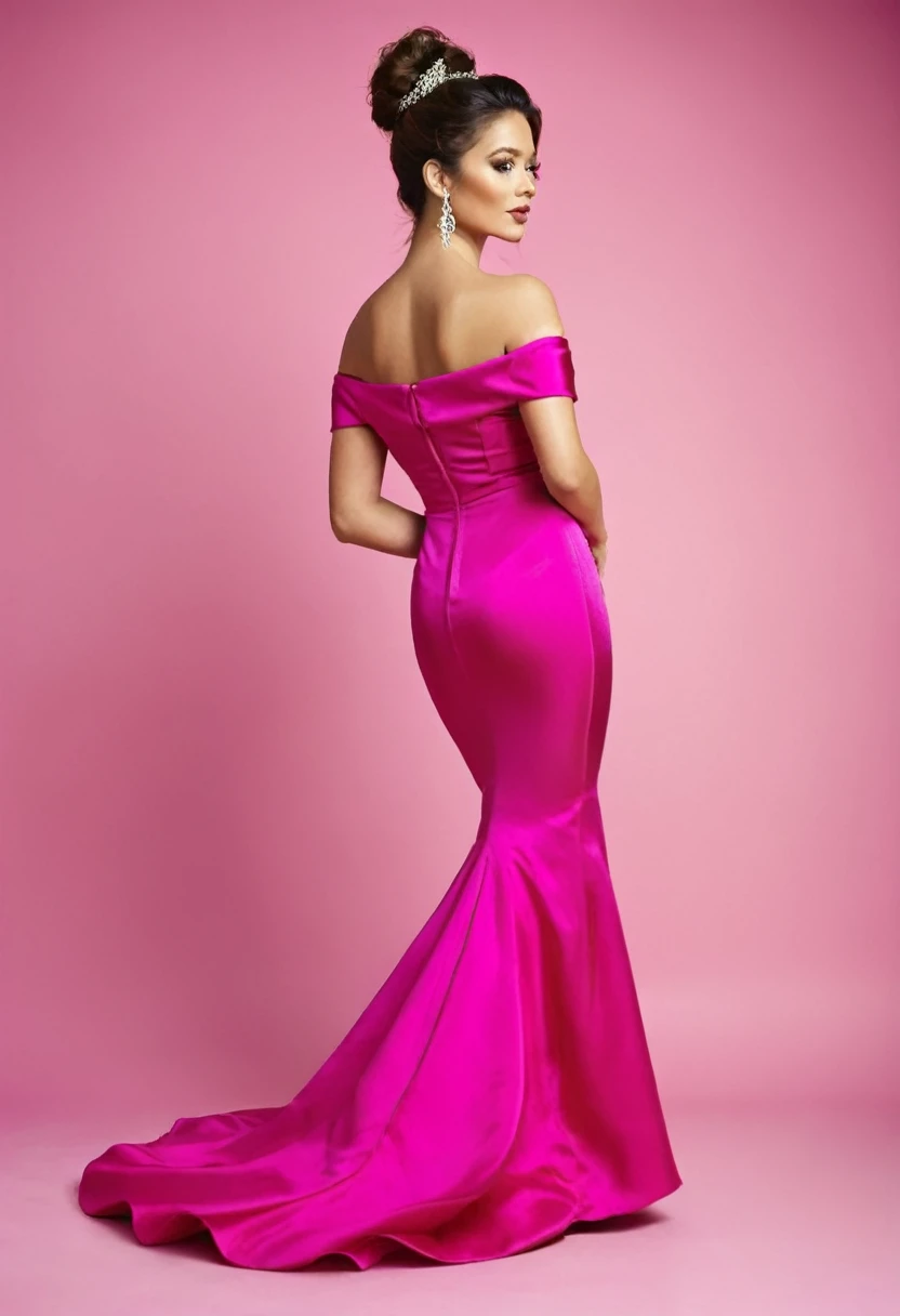 A stunning woman in a vibrant fuchsia satin mermaid gown, with an off-the-shoulder neckline and a dramatic, flowing silhouette. Her hair is styled in an elegant updo, and she is posing gracefully against a bold pink background, exuding confidence and glamour.