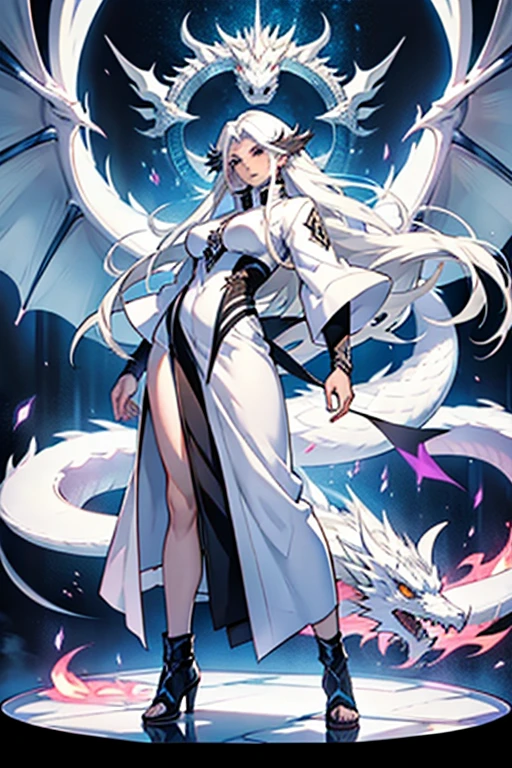 Girl with long white hair letting the white dragon out of her soul, full body shots, manga page with panels and dialogue