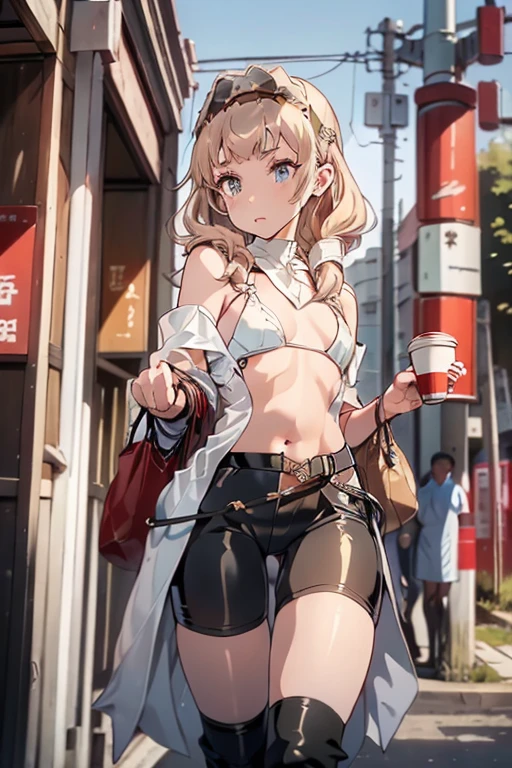 (masterpiece, Best Quality, ultra-detailed, high resolution, extremely detailed CG, official art, Professional Lighting, Perfect Anatomy, anime colors), (from below), looking at viewer, cowboy shot, perfect body, a 24yo beautiful girl, sidelocks, hairband, earrings,medium hips, glamorous body,a small face,beautiful-makeup,Makeup light,dark brown hair, Amazing Cleavage, thin waist, cute ass, Raised sexy, small breast: 1.2 posed cleavage:1.2, (off shoulders,Denimbra,legginullnude), micro denim shorts, bare legs, nail_polish, pale skin, Waiting friend, (morning:1.5), tokyo, (convenience store:1.3), outdoor, (depth of field:1.3), contrapposto, (Hold a coffee in your hand:1.3),delicate beautiful face, Bright blue eyes, cute eyes, sparkling eyes, Big eyes, (perky chest:1.1), (pointed chest:1.3), looking at viewer,
