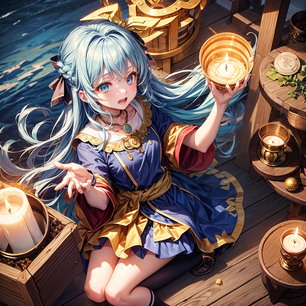 Aqua blue hair、Golden Eyes、Braid、One good looking girl、solo、anime、Checkered mini skirt、Ruffles on the skirt、Red T-shirt、Cape、Gothic、Black knee-high socks、bandana、Fluffy clothes、Wearing a ribbon、Ribbon on waist、Tilting face、Teeth are visible、Sunset sky、Piercing the clouds、Contrail、lotus leaves、Cumulonimbus、Pillar of Light、Sitting on a golden treasure chest、candle fire、Silver coin necklace、A world of light、Sitting on a high wall、Hands together、From above