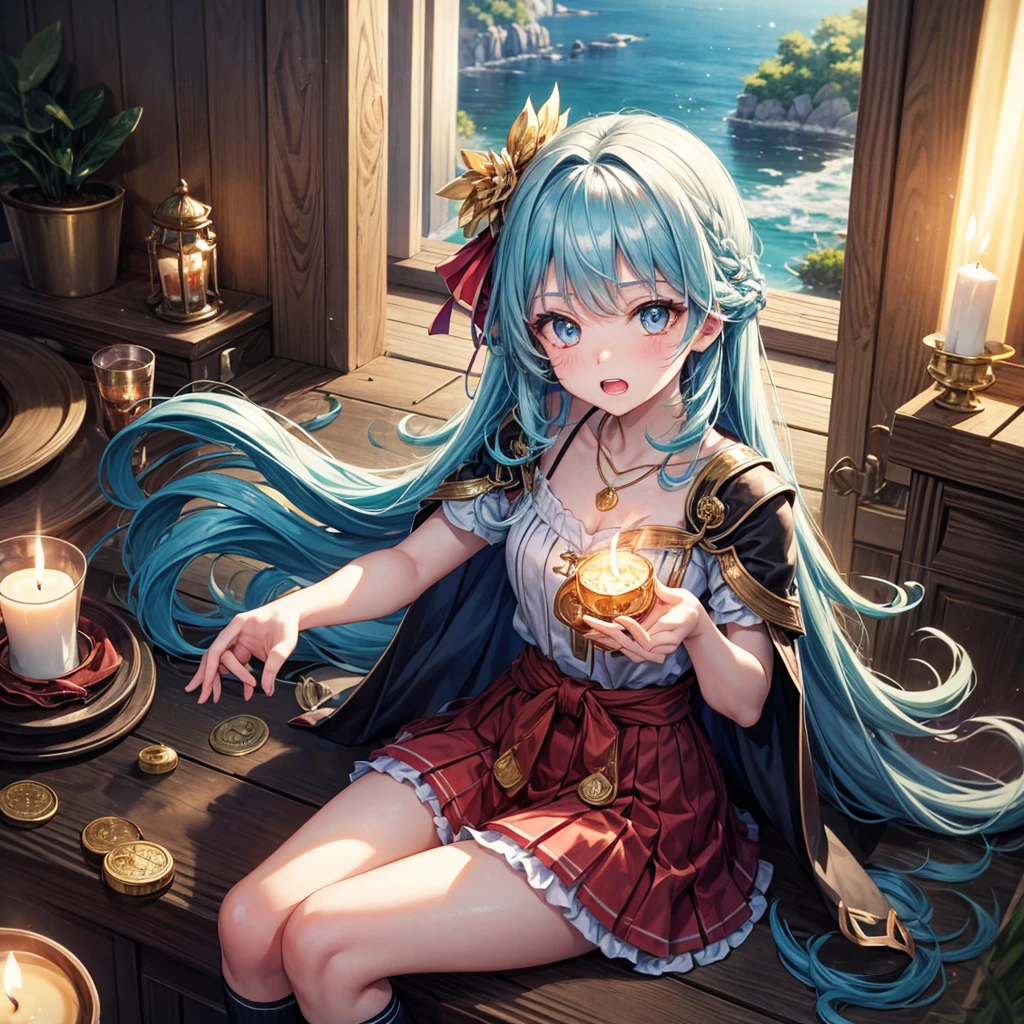 Aqua blue hair、Golden Eyes、Braid、One good looking girl、solo、anime、Checkered mini skirt、Ruffles on the skirt、Red T-shirt、Cape、Gothic、Black knee-high socks、bandana、Fluffy clothes、Wearing a ribbon、Ribbon on waist、Tilting face、Teeth are visible、Sunset sky、Piercing the clouds、Contrail、lotus leaves、Cumulonimbus、Pillar of Light、Sitting on a golden treasure chest、candle fire、Silver coin necklace、A world of light、Sitting on a high wall、Hands together、From above