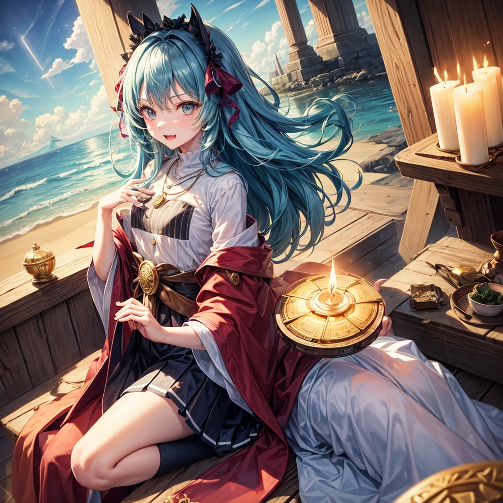 Aqua blue hair、Golden Eyes、Braid、One good looking girl、solo、anime、Checkered mini skirt、Ruffles on the skirt、Red T-shirt、Cape、Gothic、Black knee-high socks、bandana、Fluffy clothes、Wearing a ribbon、Ribbon on waist、Tilting face、Teeth are visible、Sunset sky、Piercing the clouds、Contrail、lotus leaves、Cumulonimbus、Pillar of Light、Sitting on a golden treasure chest、candle fire、Silver coin necklace、A world of light、Sitting on a high wall、Hands together、From above