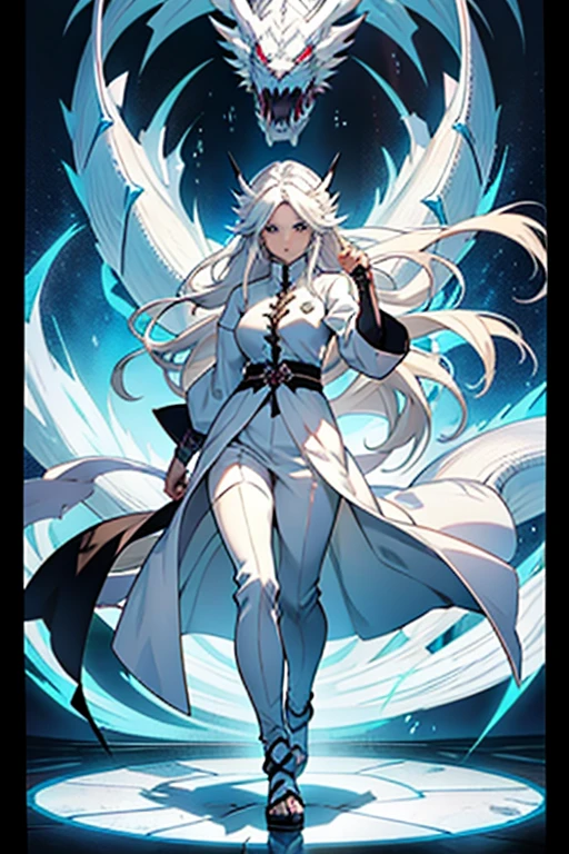Girl with long white hair letting the white dragon out of her soul, full body shots, manga page with panels and dialogue