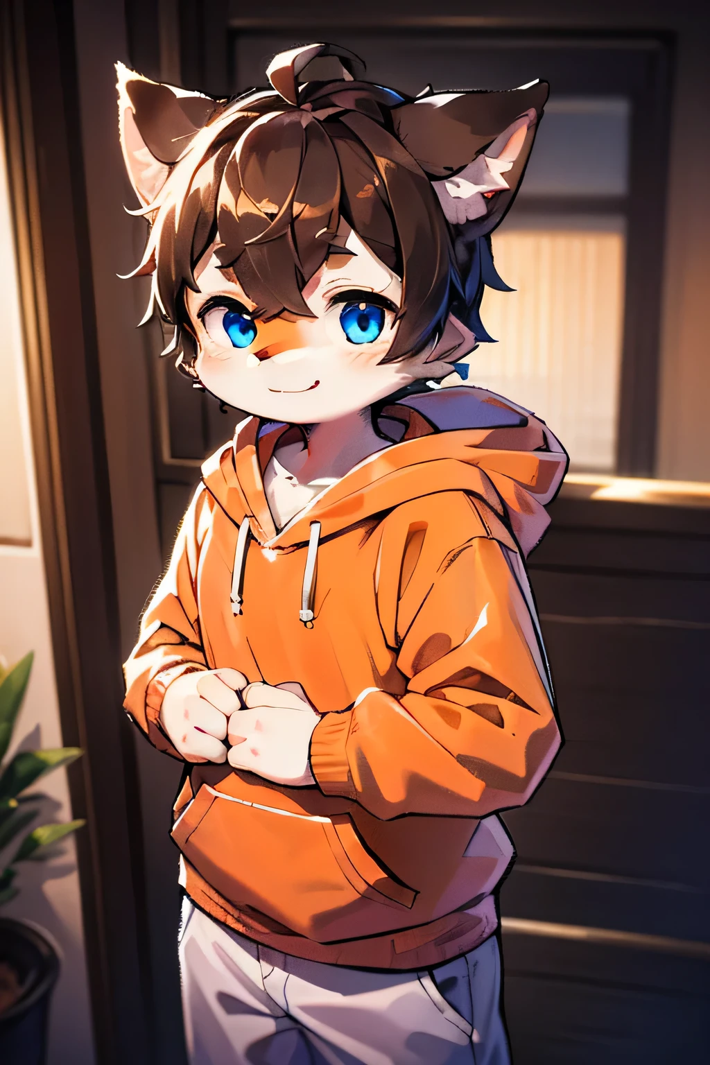 ( mischievous smile, Shiba Inu beastman, light blue eyes, *brown hair*, fluffy boy, cute, orange fur) hoodie, orange and white fur on face,