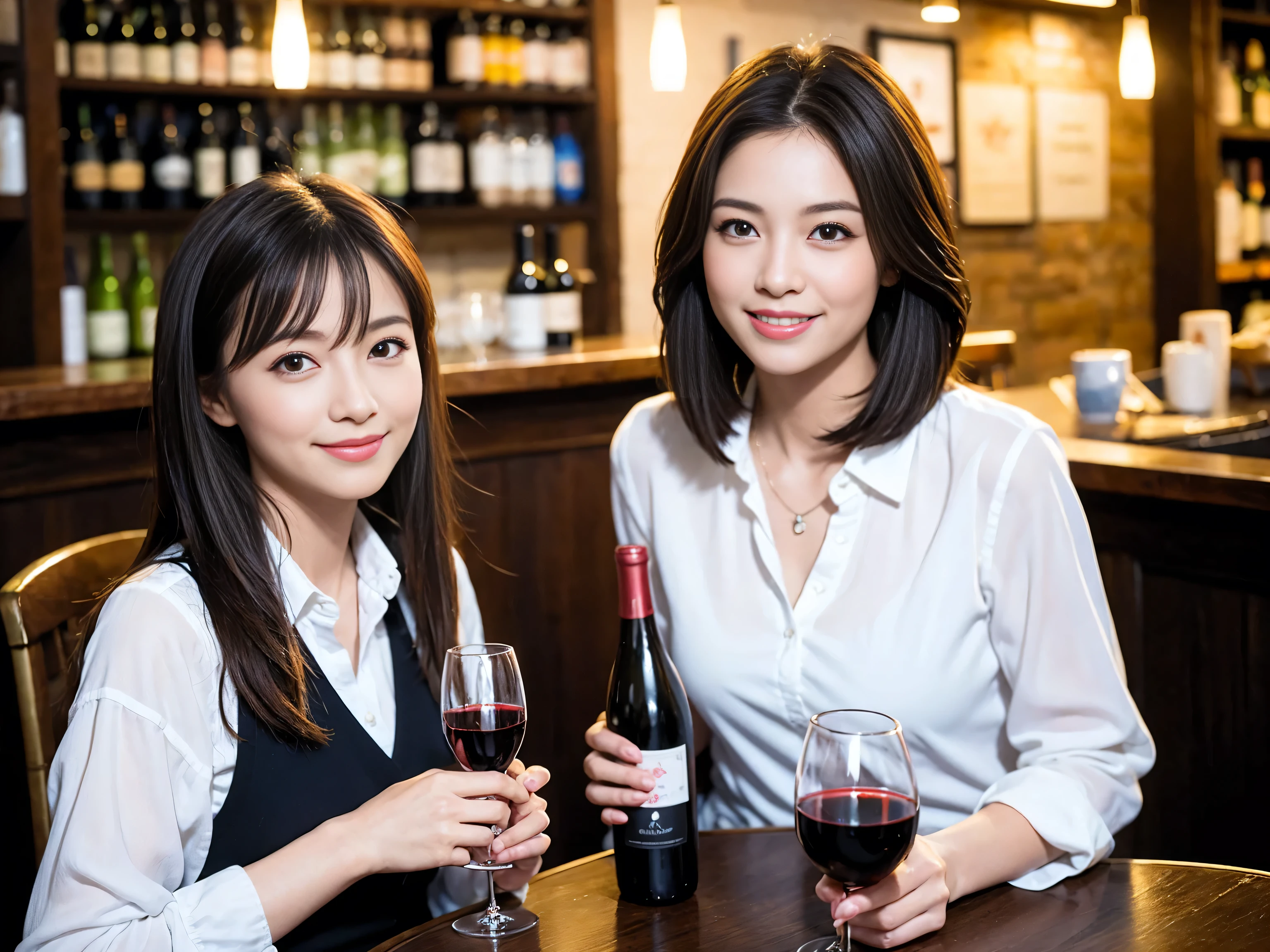 ((highest quality、8k、masterpiece:1.3))、wine 、1 male、1 female、Couple、Lovers Couple、Slim body、((Bob Hale、Straight hair:1.2)), (Realistic, Intricate details:1.2), テーブルにWine Glass、Put the light on your face、 Amazing view of the sunset sky and clouds、Amazing mountain views、A bright smile、The wonderfulness of smile、Bright image、The beauty of wine, Beautiful Face, blue eyes, The light shines on your face, Blushing, short hair,Bright Face、 (Age 44), 39 years old, Red wine 、Appetizers、Italian food、wine bottle、Champagne、Sparkling wine、Two beauties、Brown Hair、Shortcuts、Long sleeve shirt、dress、Pretty Woman 1, (Slim face), (The body is slim), (Brown Hair), (Shortcuts), cheeks turn a little red,Attractive beauty、restaurant, In a prominent place (From the waist up) Nova Frog Style, actress, model, Upper Body, White wine, slim, Wine Glass, 真ん中に置かれたWine Glass, smile, (smile: 1.15), Beautiful fine grain, Depth f/2,saturation, High Contrast, Strong light and shadow,Moist Body:1.5、3D texture、Delicate eyes、Brown Hair、The hair is very shiny、