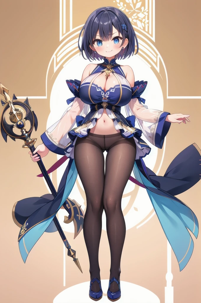 Masterpiece, best quality, very detailed, illustration, 1girl, annoyed, see-through, pantyhose, presenting breasts, huge breasts, large breasts, huge firm breasts, thigh-gap, slim waist, full body, back to viewer, striking long tunic with decorations, staff, smile
