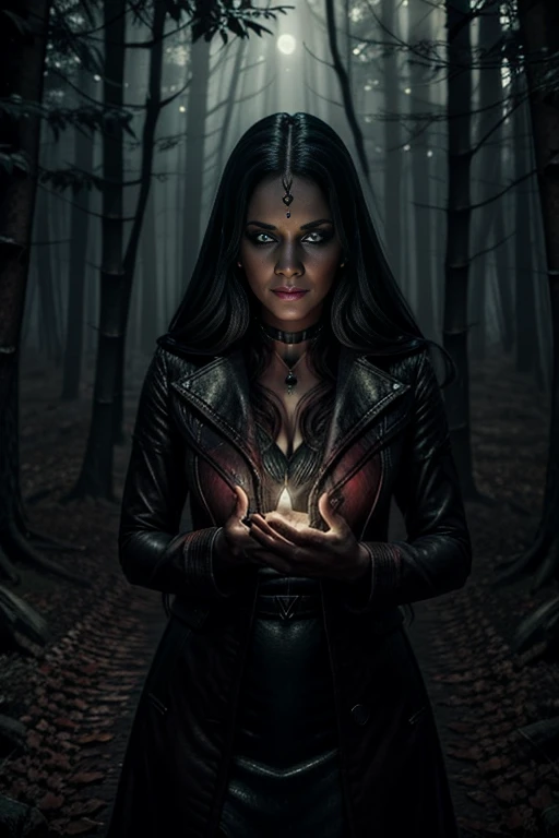 A woman who is summoning a demon, predatorial eyes, devourer, very beautiful, highly detailed, 4k resolution, masterpiece,night forest scenario,digital art