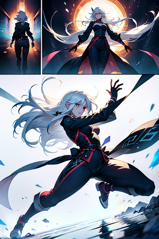 Girl with long white hair falling, full body shots, manga page with panels and dialogue