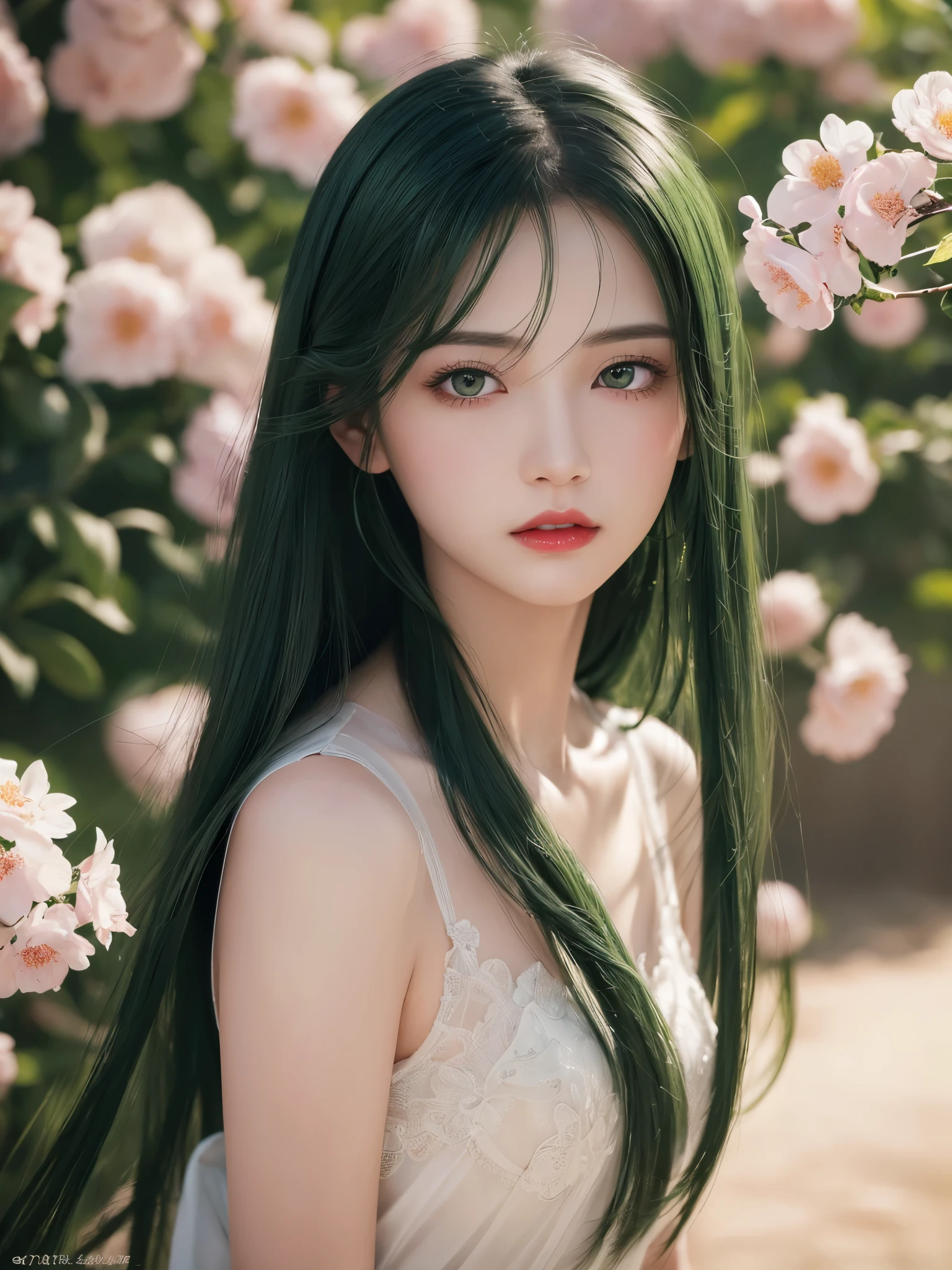 ((highest quality)),(Ultra-high resolution),(Very detailed),(Detailed Description),((The best CG)),(A masterpiece),Ultra-detailed art,Amazing drawing art,(Art with precise detail:1.5), Clear skin, Green black hair, pupil, Red lips, Wind, flower, 