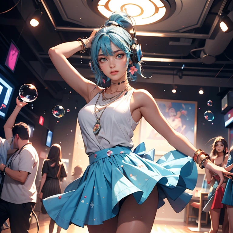 (masterpiece), (highest quality), (Super detailed),(Disheveled Hair),(figure), (One girl), (Fashionable clothes), Are dancing, Fashion Model, View Viewer, (interview), (disco club Background),Beautiful fine details, Delicate and beautiful face, floating,(High chroma),(Colorful splashes),Colorful floating Bubbles,(The Shining), Focus on the face, ponytail, kamisato ayaka, Light blue hair, bangs, Hair Ring, Floating lights, Floating hair, (The Shining), Best lighting, Best Shadow, dj headset