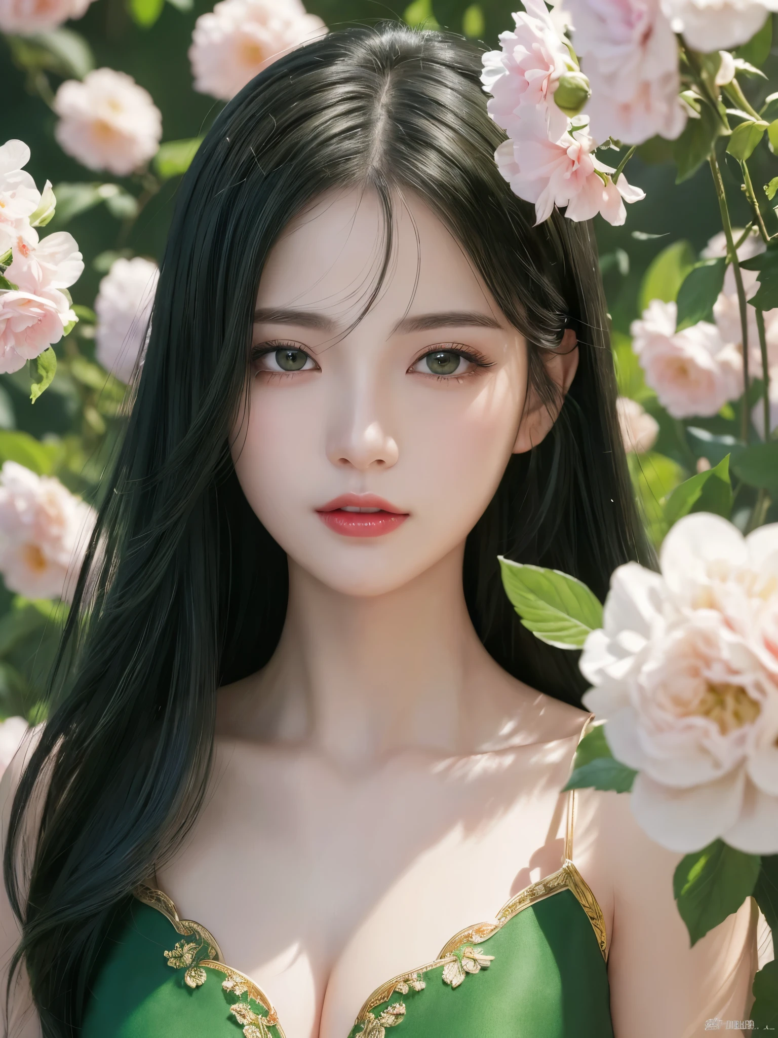 ((highest quality)),(Ultra-high resolution),(Very detailed),(Detailed Description),((The best CG)),(A masterpiece),Ultra-detailed art,Amazing drawing art,(Art with precise detail:1.5), Clear skin, Green black hair, pupil, Red lips, Wind, flower,