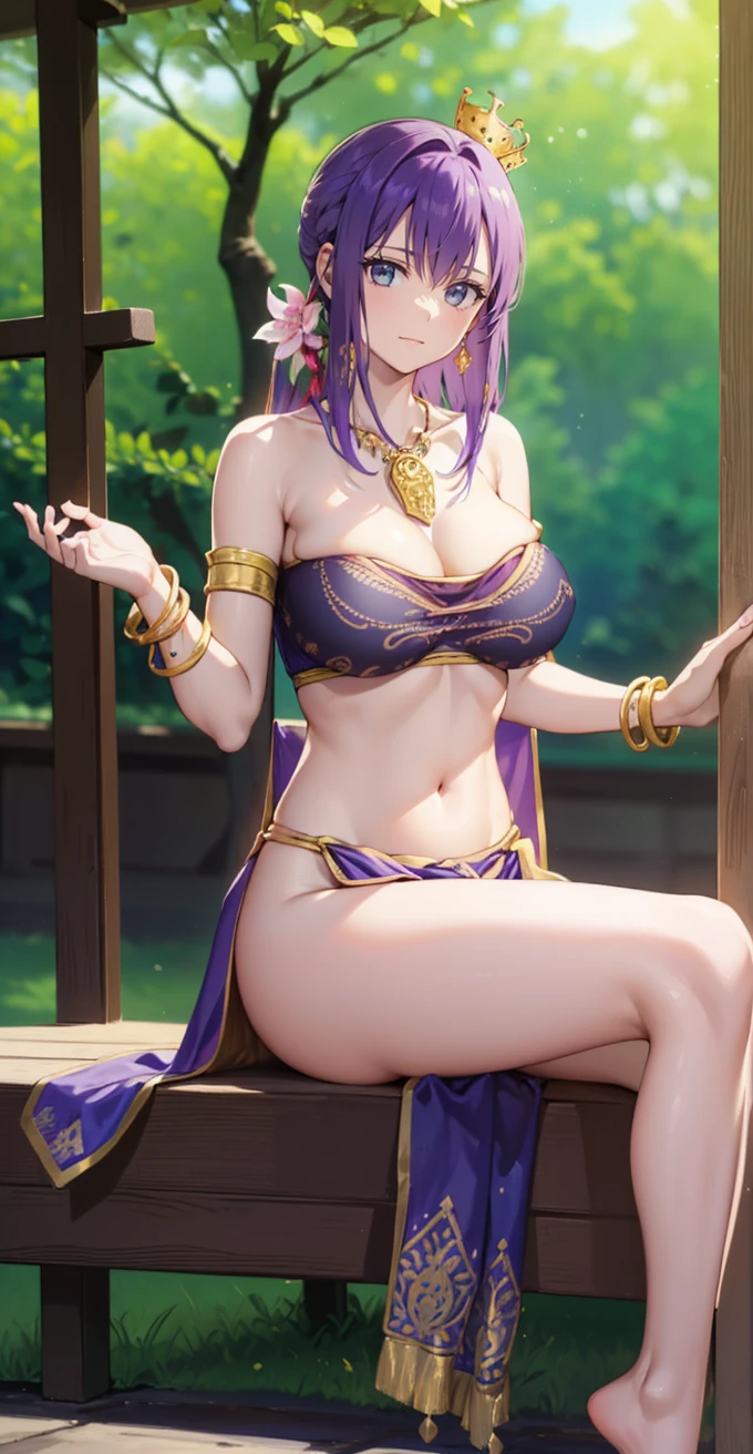 Parvati, Parvati, hairยาว, (purple eyes:1.1), hairสีม่วง,
Take a break bracelet, flower, hair flower, decorationshair, เสื้อผ้าอินเgoodย, decorations, necklace, Side slits,
Take a break looking at viewer,
Take a break outdoors,
Take a break (Masterpiece:1.2), คุณภาพgoodที่สุด, high resolution, unity wallpaper 8k, (illustration:0.8), (Beautifully detailed eyes:1.6), Very detailed face, perfect light, Very detailed CG, (perfect hand, perfect anatomy),(full body), (split screen:1.4), Red traditional Thai dress, Style number with leather strap., Traditional Thai long skirt, (Barefoot), Ayutthaya, Ancient Thai ruins, outdoor, sunny day, (hair_good), fist, small waist, (big girl),rift, visible chest, (((big breasts,Show your breasts, open chest,)),((bare breast:1.37)), I see bulging nipples,(large areolae:1.4), Fissure of Venus, (abdomen:0.8), bracelet, Gold Necklace, decorate, crown, (White and bright skin 1.4), ..), Navel expulsion, (dance_attitude:1.5,Thai dance)