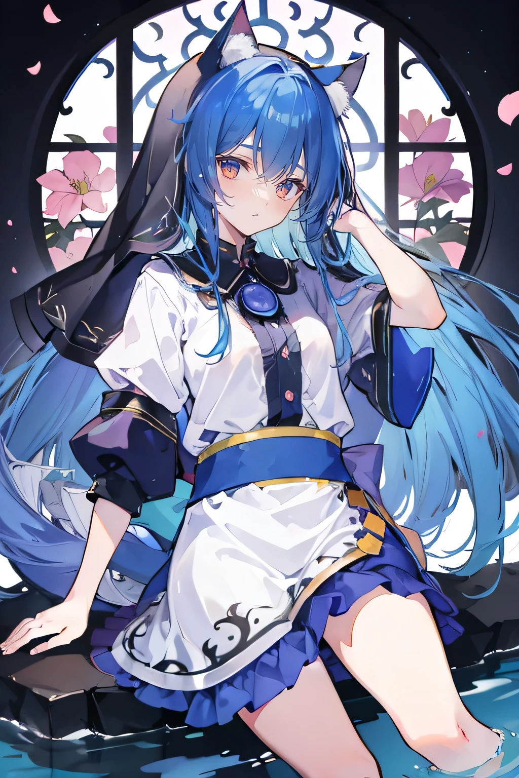 (masterpiece:1.2),Extremely detailed,Practical,expressive eyes,Fair skin,Perfect face shaping,1 Girl,
Japanese cartoons,Gorgeous blue hair, the long flowing blue hair,Floating clothes,Cat ears,Petals fall,beautiful lola,Young Angel,
Place your hands on your waist,sit elegantly on the ground,Cross your legs,Gentle and peaceful background,stately church,nun,lie on the water,Blackening,A look of disdain.