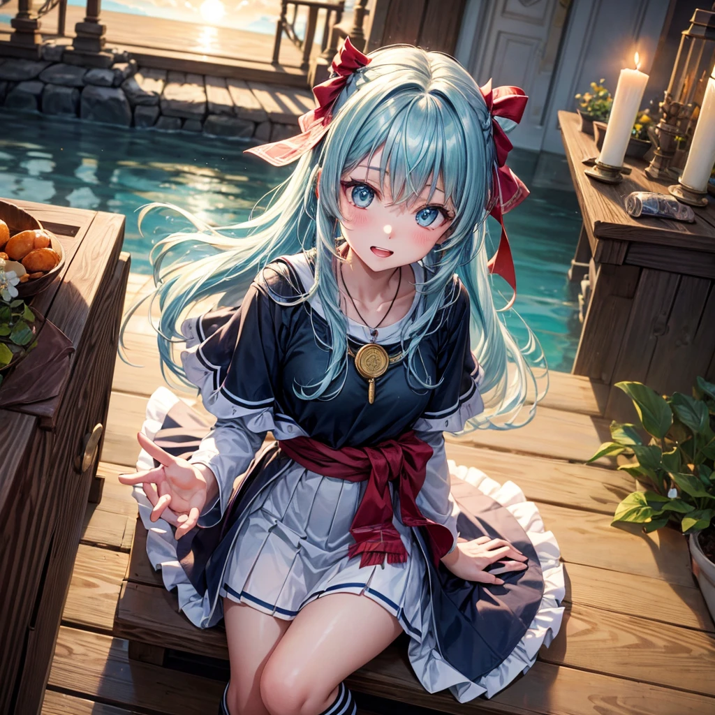 Aqua blue hair、Golden Eyes、Braid、One good looking girl、solo、anime、Checkered mini skirt、Ruffles on the skirt、Red T-shirt、Cape、Gothic、Black knee-high socks、bandana、Fluffy clothes、Wearing a ribbon、Ribbon on waist、Tilting face、Teeth are visible、Sunset sky、Piercing the clouds、Contrail、lotus leaves、Cumulonimbus、Pillar of Light、candle fire、Silver coin necklace、A world of light、Sitting on a high wall、Hands together、From above