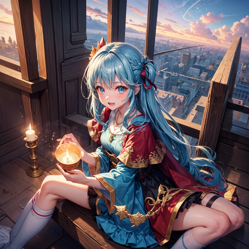 Aqua blue hair、Golden Eyes、Braid、One good looking girl、solo、anime、Checkered mini skirt、Ruffles on the skirt、Red T-shirt、Cape、Gothic、Black knee-high socks、bandana、Fluffy clothes、Wearing a ribbon、Ribbon on waist、Tilting face、Teeth are visible、Sunset sky、Piercing the clouds、Contrail、lotus leaves、Cumulonimbus、Pillar of Light、candle fire、Silver coin necklace、A world of light、Sitting on a high wall、Hands together、From above