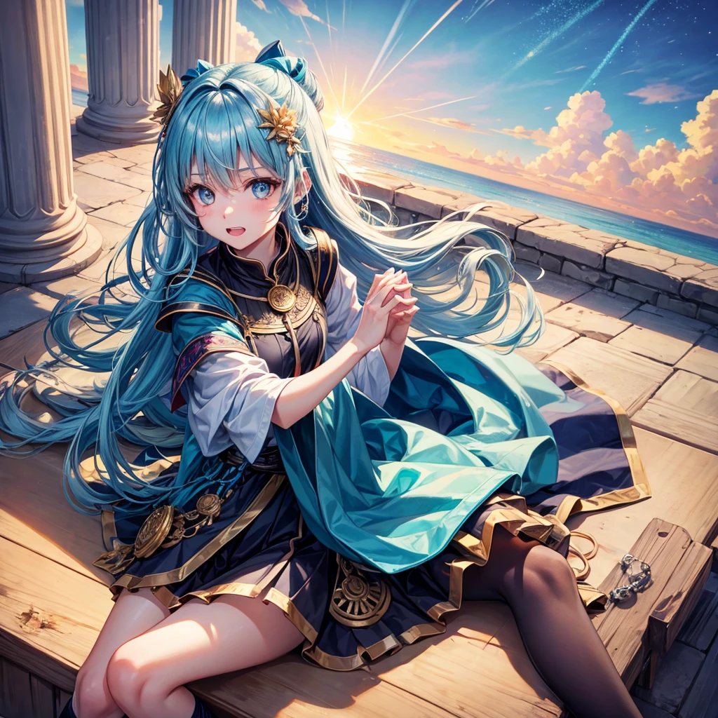 Aqua blue hair、Golden Eyes、Braid、One good looking girl、solo、anime、Checkered mini skirt、Ruffles on the skirt、Red T-shirt、Cape、Gothic、Black knee-high socks、bandana、Fluffy clothes、Wearing a ribbon、Ribbon on waist、Tilting face、Teeth are visible、Sunset sky、Piercing the clouds、Contrail、lotus leaves、Cumulonimbus、Pillar of Light、candle fire、Silver coin necklace、A world of light、Sitting on a high wall、Hands together、From above