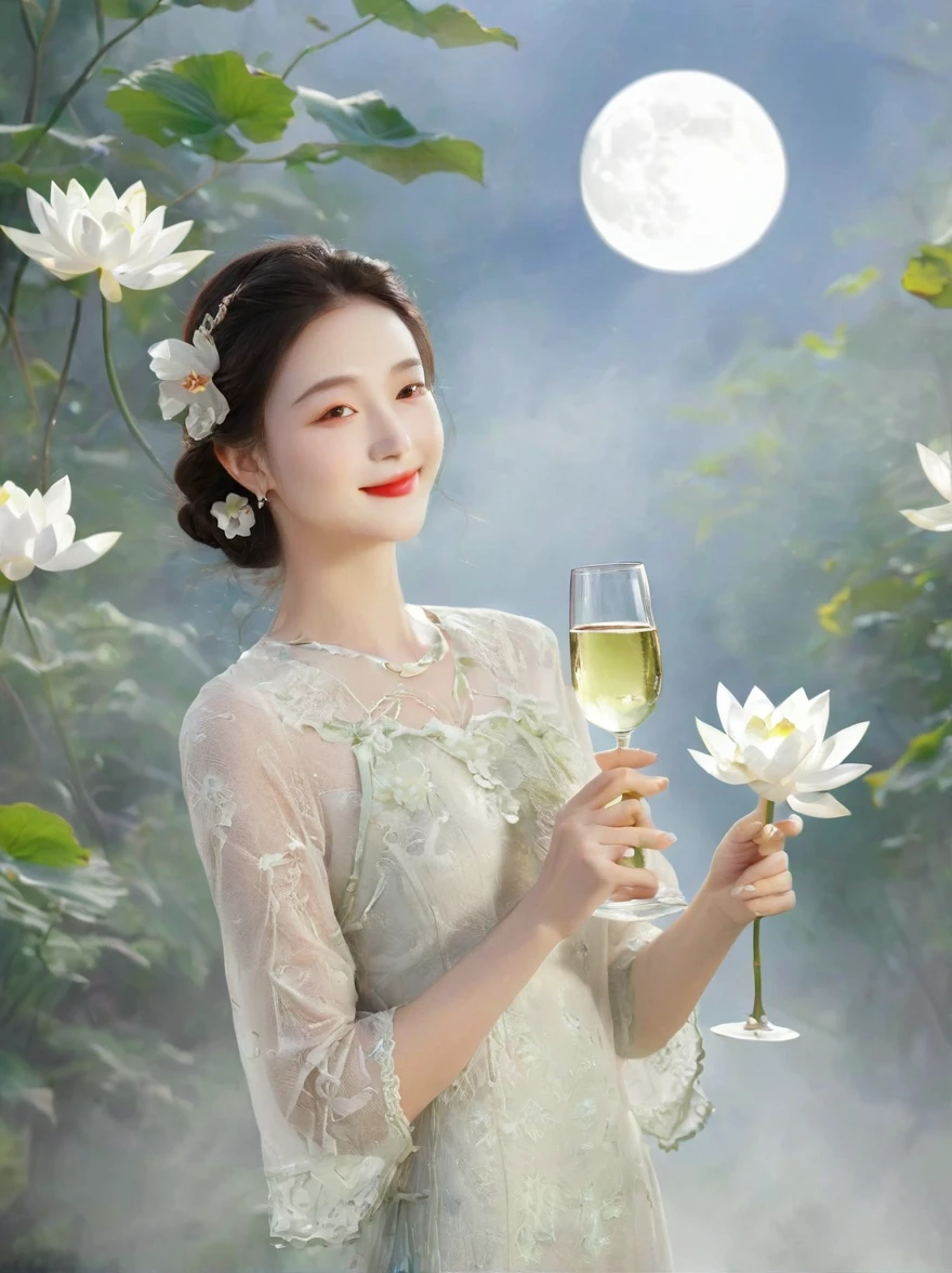 At dusk，The goddess of wine is hidden in the forest of flowers and trees，Wearing a white lace opaque dress，There is a pure white snow lotus painted on it，Holding a wine bottle in one hand，Holding a wine glass in one hand，She smiled at me，Revealing the true feelings after drinking，At this moment, her smile is like a pure angel，The soul is as pure as the moon，There is also a crescent moon in the background，Beautiful painting，Romantic，Natural light, Elegant and beautiful, Romanticism, Luminism, first-person view, cowboy shot, UHD, masterpiece, accurate, anatomically correct, high details, award winning, 8k