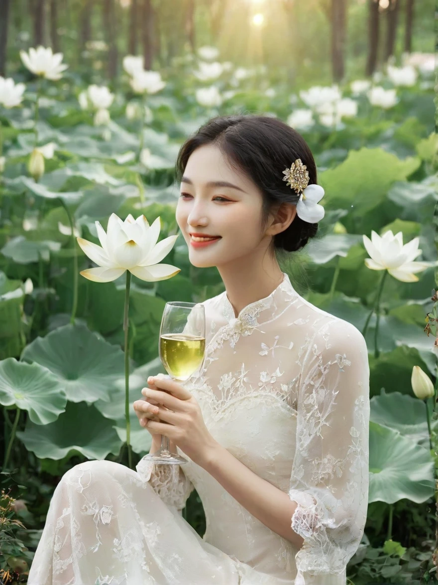 At dusk，The goddess of wine is hidden in the forest of flowers and trees，Wearing a white lace opaque dress，There is a pure white snow lotus painted on it，Holding a wine bottle in one hand，Holding a wine glass in one hand，She smiled at me，Revealing the true feelings after drinking，At this moment, her smile is like a pure angel，The soul is as pure as the moon，There is also a crescent moon in the background，Beautiful painting，Romantic，Natural light, Elegant and beautiful, Romanticism, Luminism, first-person view, cowboy shot, UHD, masterpiece, accurate, anatomically correct, high details, award winning, 8k