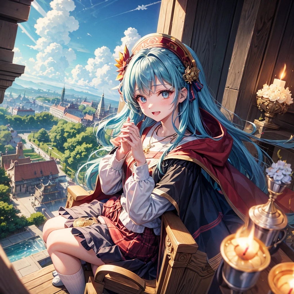 Aqua blue hair、Golden Eyes、Braid、One good looking girl、solo、anime、Checkered mini skirt、Ruffles on the skirt、Red T-shirt、Cape、Gothic、Black knee-high socks、bandana、Fluffy clothes、Wearing a ribbon、Ribbon on waist、Tilting face、Teeth are visible、Sunset sky、Piercing the clouds、Contrail、lotus leaves、Cumulonimbus、Pillar of Light、candle fire、Silver coin necklace、A world of light、Sitting on a high wall、Hands together、From above