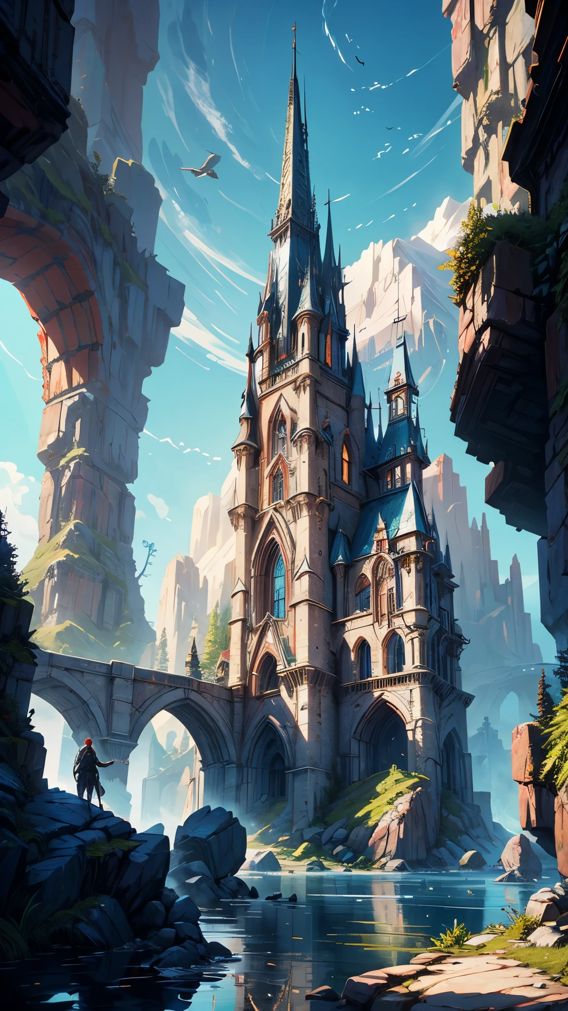 a realistic sculpted castle and stone walls in the rocky mountains, in the style of gothic futurism, eve ventrue, filip hodas, structured chaos, passage over water reflecting blue skies, elaborate detail