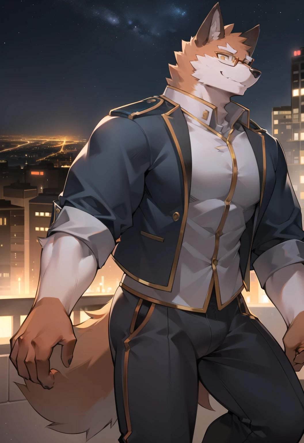 individual,Just not good, Muscular body, Younger,Full body orange fur,Orange fur,Body tearing,wearing glasses,Bustling night city background,Look straight ahead,Is smiling,Wearing a looser grey,Furry character,Golden eyes