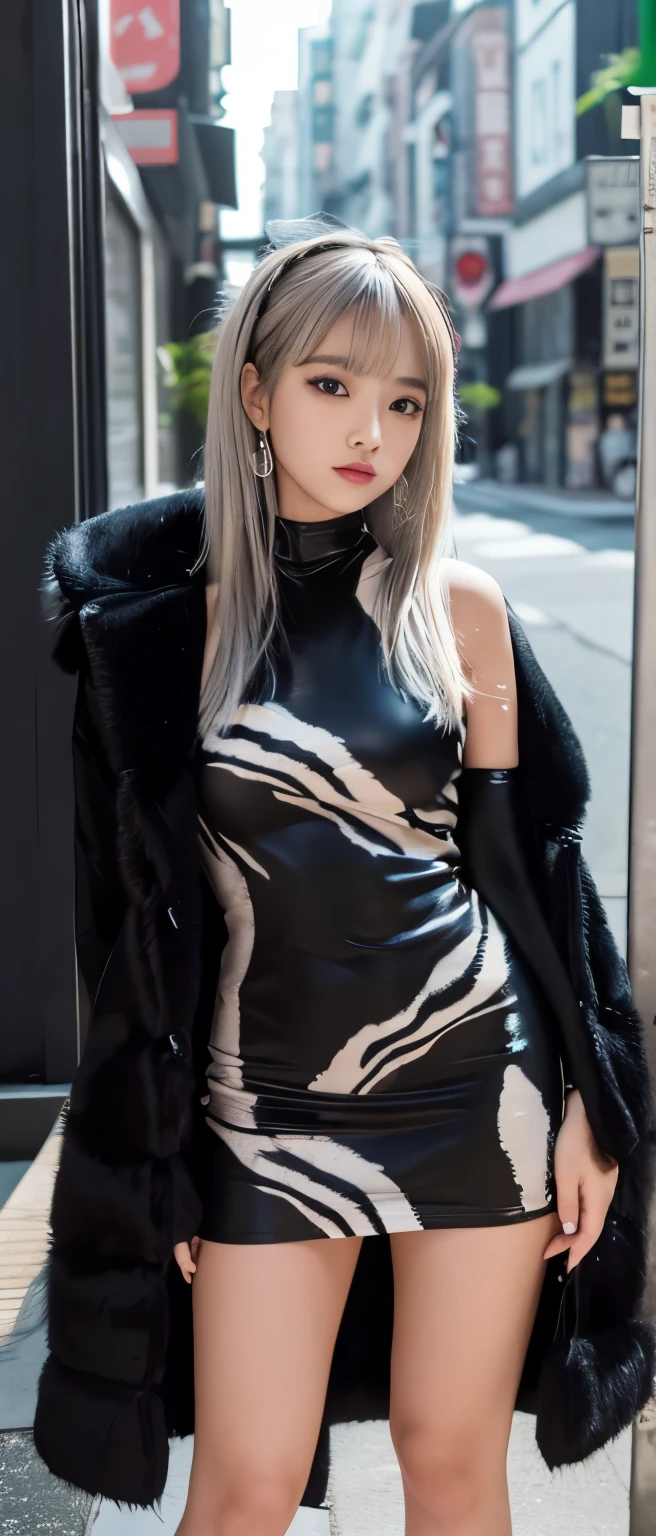 A tall pure idol girl、whole body、Good style、、、、、、、Black tiger print fur mini dress(Glowing、)、、、Tanned thick legs、Night Town、、Silver Hair