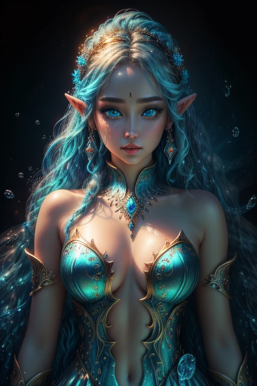 This (realistic fantasy) art contains embers, real water, real cool, and realistic water. Generate a masterpiece artwork of a  female water druid with large (((blue and cyan))) eyes. The water druid is awe-inspiring with beautiful ((realistic fiery eyes)) alight with confidence and power. Her features are elegant and well defined, with ((soft and puffy lips)), elven bone structure, and realistic shading. Her eyes are important and should be the focal point of this artwork, with ((extremely realistic details, macro details, and shimmer.)) She is wearing a billowing and glittering dress made of realistic waves and jewels that glimmer in the fire light. Wisps of water and waves line the intricate bodice of the dress. Include bumps, stones, fiery iridescence, glowing embers, silk and satin and leather, an interesting background, and heavy fantasy elements. Camera: Utilize dynamic composition techniques to enhance the realistic water.