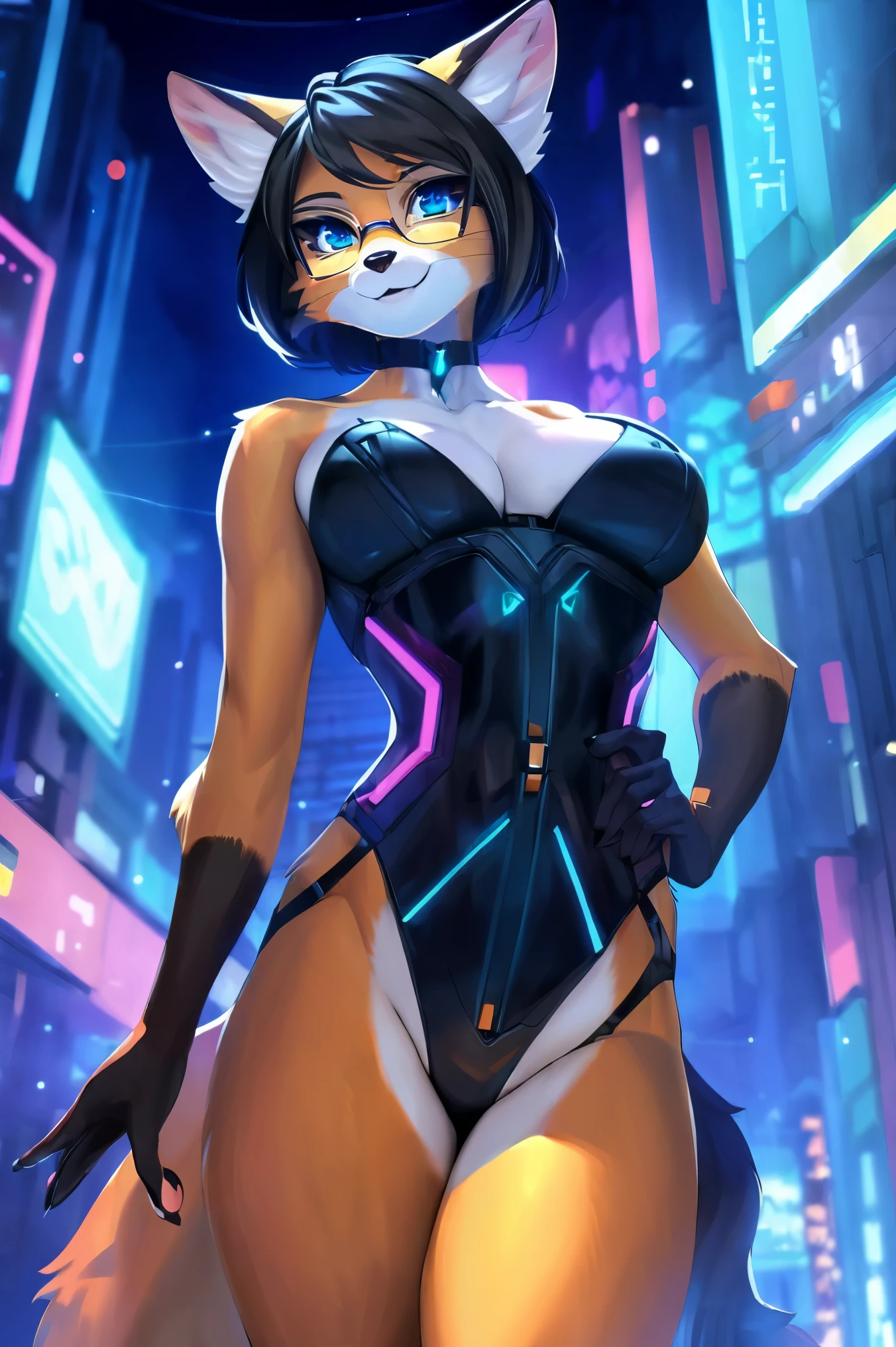 (Furry:1.5),(Masterpiece, Best quality), 1girll, Black hair, Glasses, Cyberpunk, Solo, waist-high, Sexy appearance,Fox girl