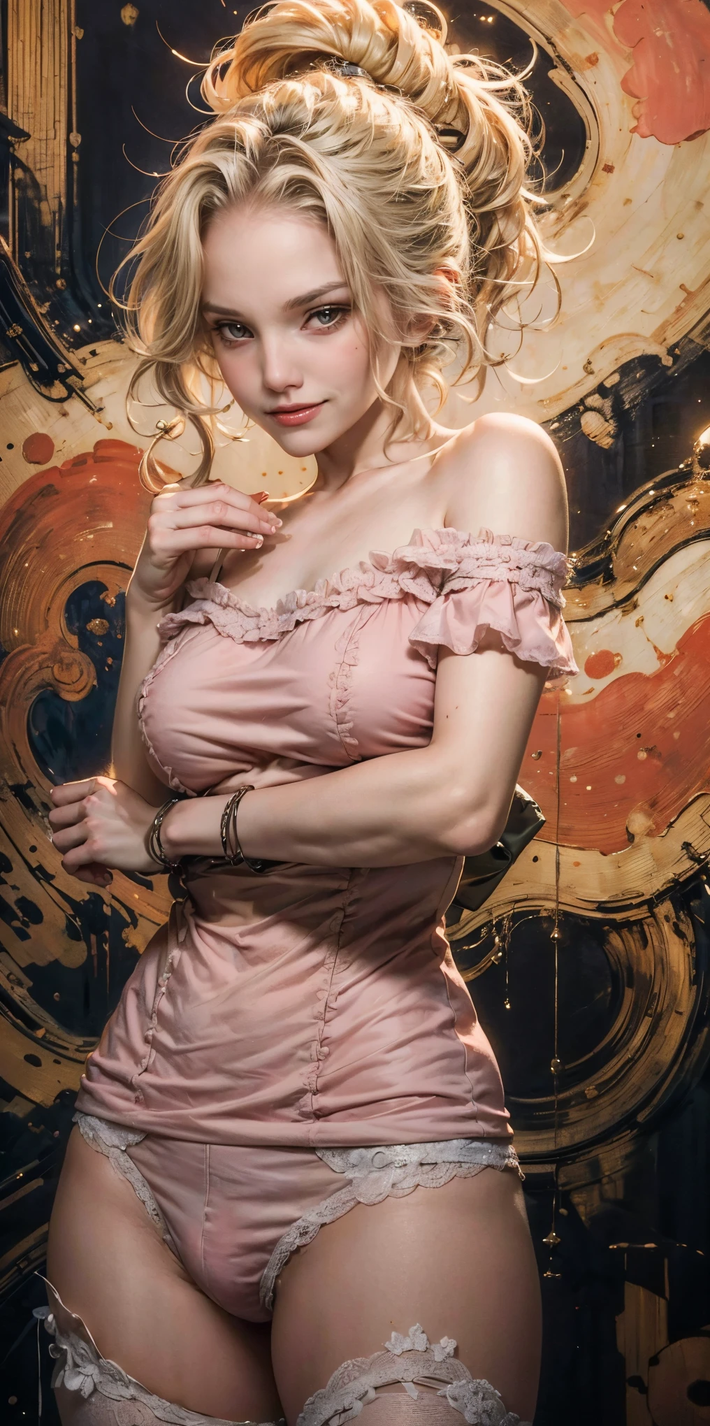 (masterpiece, best quality:1.2), (highres, abstract:1.1), ultra detail, 1girl, cute pose, camisole, off shoulder, parted lips, smile, blush, liz.ashley