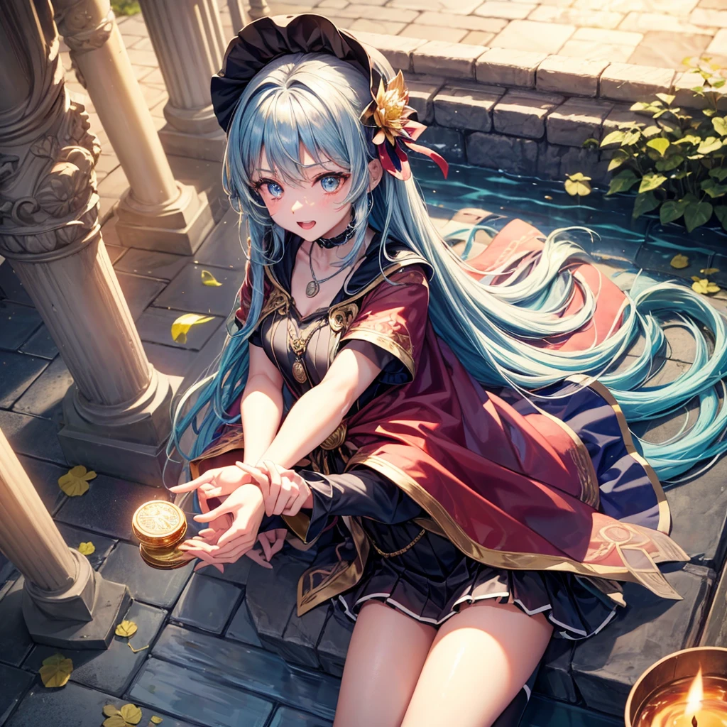 Aqua blue hair、Golden Eyes、Braid、One good looking girl、solo、anime、Checkered mini skirt、Ruffles on the skirt、Red T-shirt、Cape、Gothic、Black knee-high socks、bandana、Fluffy clothes、Wearing a ribbon、Ribbon on waist、Tilting face、Teeth are visible、Sunset sky、Piercing the clouds、Contrail、lotus leaves、Cumulonimbus、Pillar of Light、candle fire、Silver coin necklace、A world of light、Sitting on a high wall、Hands together、From above