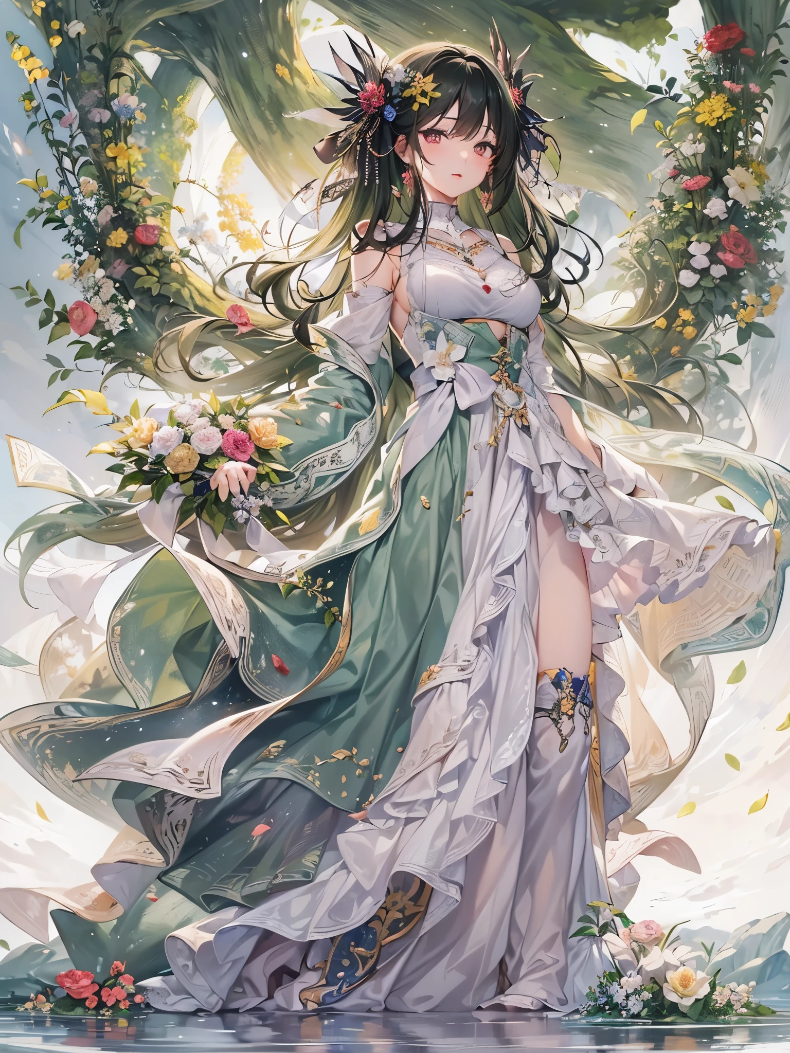 ((highest quality)),(Ultra-high resolution),(Very detailed),(Detailed Description),((The best CG)),(A masterpiece),Ultra-detailed art,Amazing drawing art,(Art with precise detail:1.5), Clear skin, Green black hair, pupil, Red lips, Wind, flower,