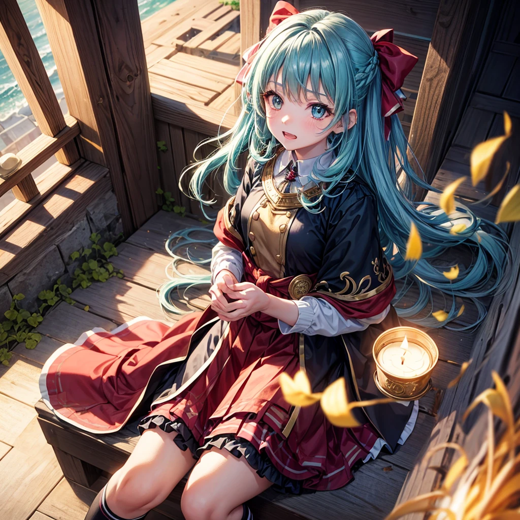 Aqua blue hair、Golden Eyes、Braid、One good looking girl、solo、anime、Checkered mini skirt、Ruffles on the skirt、Red T-shirt、Cape、Gothic、Black knee-high socks、bandana、Fluffy clothes、Wearing a ribbon、Ribbon on waist、Tilting face、Teeth are visible、Sunset sky、Piercing the clouds、Contrail、lotus leaves、Cumulonimbus、Pillar of Light、candle fire、Silver coin necklace、A world of light、Sitting on a high wall、Hands together、From above