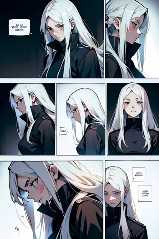 Girl with long white hair bleeding, manga page with panels and dialogue 