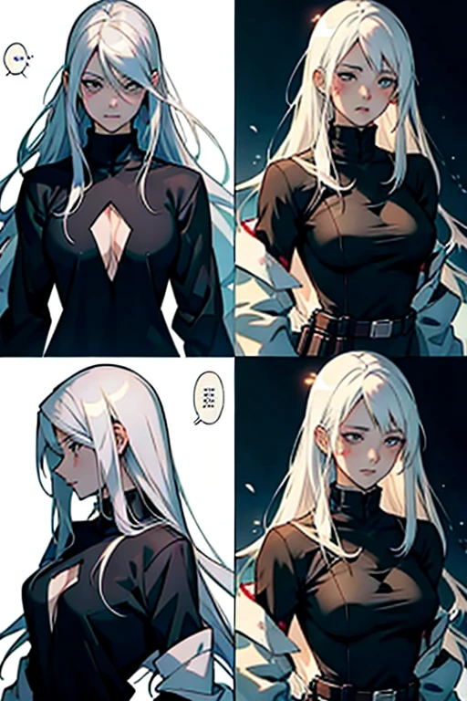 Girl with long white hair bleeding, manga page with panels and dialogue