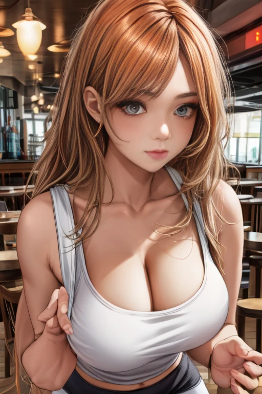 (highest quality:1.2), (Beautiful details:1.2),(Detailed eyes and skin), (Detailed facial features), Hmph, Perfect Style, Beautiful Face, Anatomically correct, Highly detailed face and skin texture, Shiny skin, Nanashi_yuzuriha, break (One girl:1.3), (alone), (Supermodel:1.2), Perfect Eyes, Symmetrical eyes, (Dramatic makeup: 1.3), (Heavy makeup: 1.3), (restaurant, waitress, Are standing, Holding a tray:1.2), (Tight fitting clothes:1.2), (Tight white tank top:1.5), (Wearing a white tank top over a naked body:1.2), (More Tangerine Orange Yoga Shorts:1.5), (Wear tangerine yoga shorts over pantyhose),(Owl print on tank top), (Planking neckline:1.2), Bare shoulders, (Perfect hands:1.2), (Molle Hand:1.2), Beautiful thighs, Highly detailed thighs, break (whole body:1.5), Fantastic and Hooters, Vibrant, Highly detailed background, (Hooters:1.3),Camel Toe、Giant tit、Nipple Puffs、Cleavage、Plump、Super big breasts、Super big butt、Hard erect large nipples、Large areola、Tight clothing、、Crop top、Nipple Puffs、Hard erect large nipples