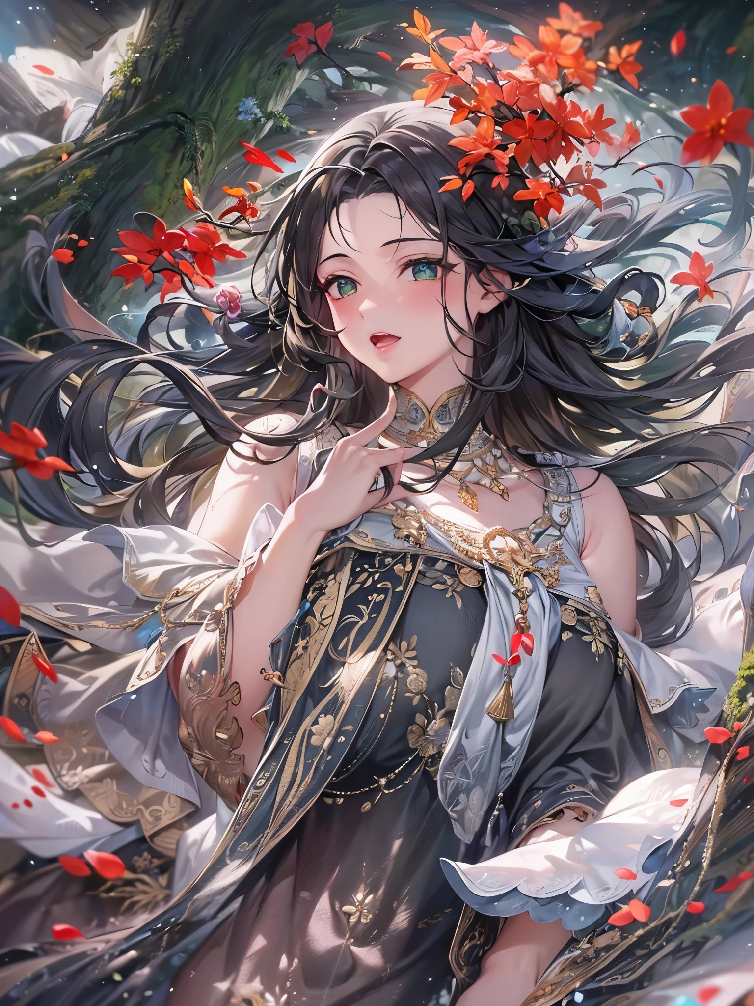 ((highest quality)),(Ultra-high resolution),(Very detailed),(Detailed Description),((The best CG)),(A masterpiece),Ultra-detailed art,Amazing drawing art,(Art with precise detail:1.5), Clear skin, Green black hair, pupil, Red lips, Wind, flower,