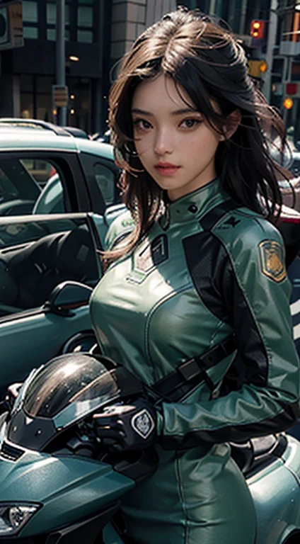 A mais alta qualidade de imagem, detalhes pendentes, ultra-high resolution, (Realismo: 1.4), the best illustration, detalhes do favor, 1girl altamente condensada, com um rosto delicado e lindo, vestido com um mecha preto e verde, usando um capacete mecha, segurando um controlador direcional, andando de moto, the background is a high-tech lighting scene of the future city.