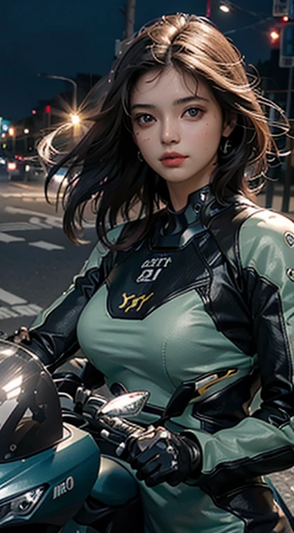 A mais alta qualidade de imagem, detalhes pendentes, ultra-high resolution, (Realismo: 1.4), the best illustration, detalhes do favor, 1girl altamente condensada, com um rosto delicado e lindo, vestido com um mecha preto e verde, usando um capacete mecha, segurando um controlador direcional, andando de moto, the background is a high-tech lighting scene of the future city.