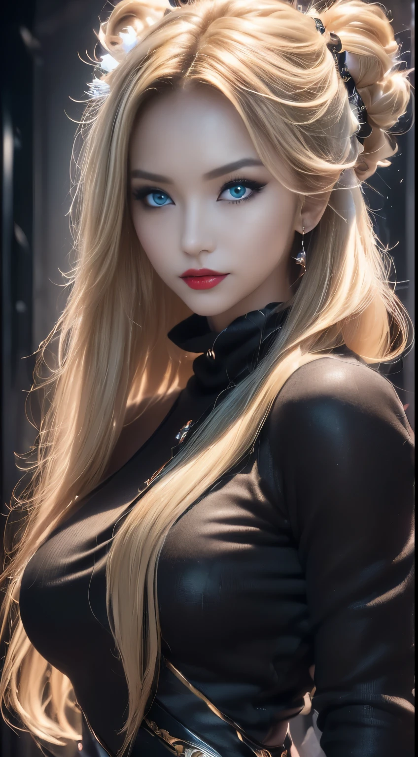 (8k Ultra HD, image 9:17, 8k, masterpiece, RAW Photos, best quality, detail: 1.6), 3D, Rich colors, photorealistic, incredibly detailed CG Unity 8k wallpaper, cinema light, (sharp focus: 1.2), (extremely beautiful face, beautiful lips, beautiful big eyes), clean eyes, (Big smile), beautiful nod_woman, a ((woman with long (((blonde)) hair and a black sweater)), The perfect nod_body, The perfect nod_face, (((dark makeup, Red lipstick, eyeliner, Fluffy black hair, Hair illumination, ボリュームのaる照明, Expressive eyes))), ((face with intricate details)), ((very detailed skin)), ((close up face:1.3)), upper body shot)