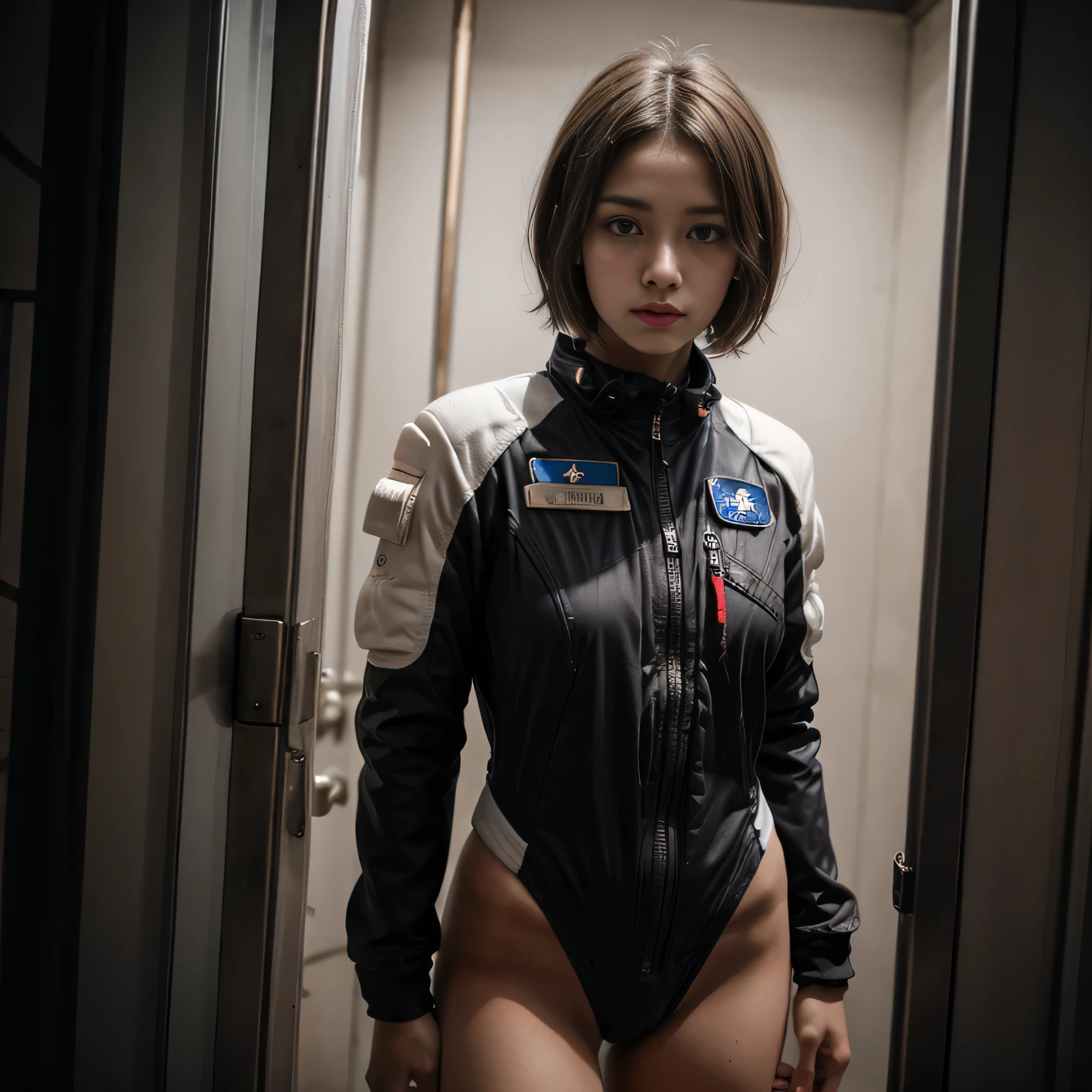 one girls , Young , A view from below , Short Hair Hair , black hair , spacesuit , White spacesuit , Pop visible , naked butt , girl in a spacesuit , hiquality , Dark tones